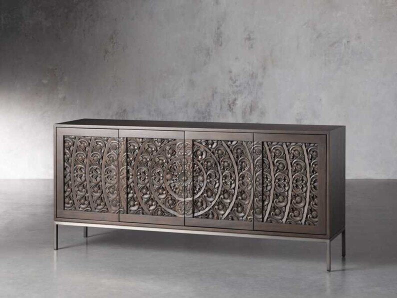Hand Carved Mandala Media Unit - Solid Wood TV Stand with Storage | Modern Wooden Credenza for Living Room | Perfect for Home Theater & Entertainment Center