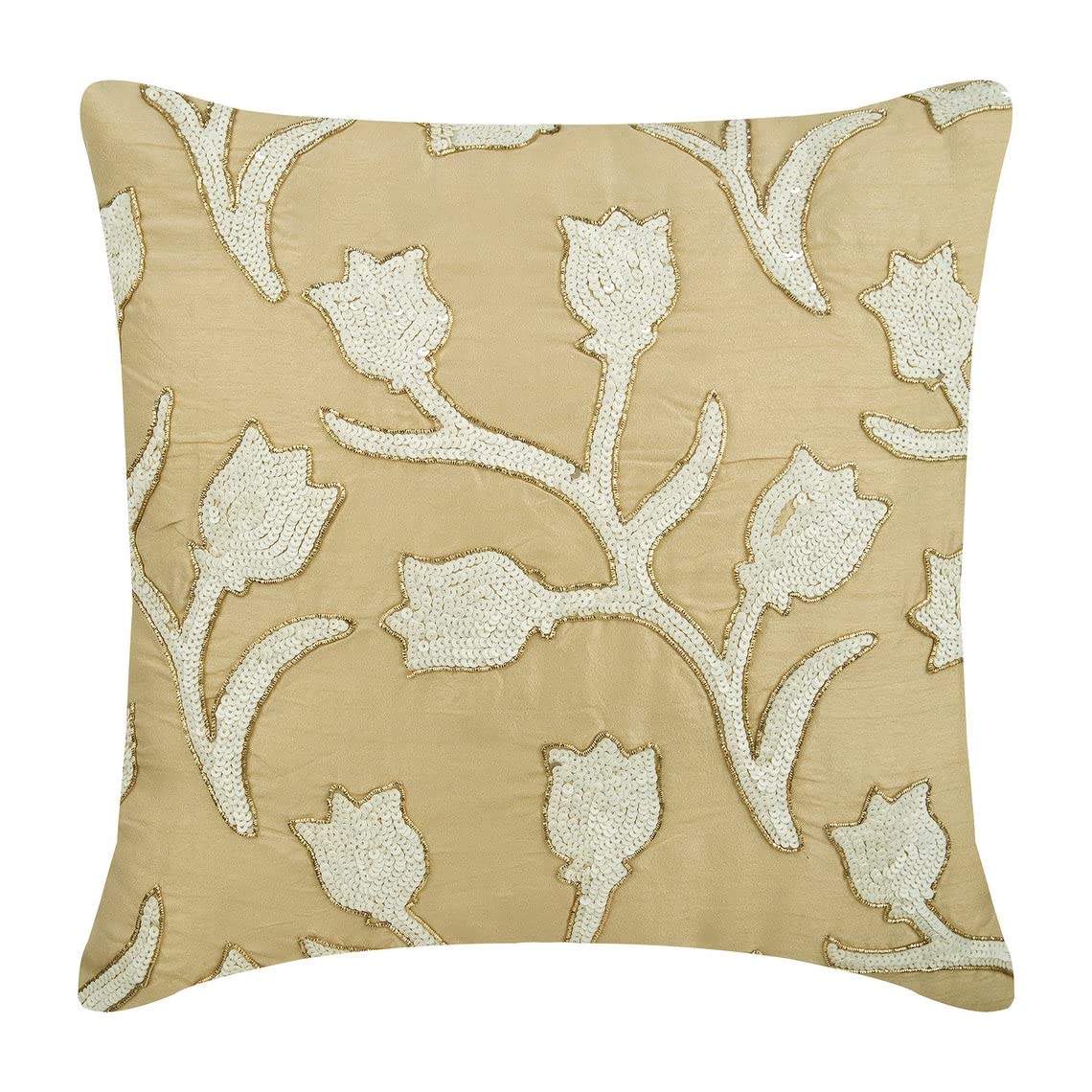 Premium Silk Euro Pillow Sham 26x26 Inch (65x65 cm) - Beige Floral Tulip Design with Sequins Embellishment, Contemporary European Style for Sofa, Bed & Home Decor