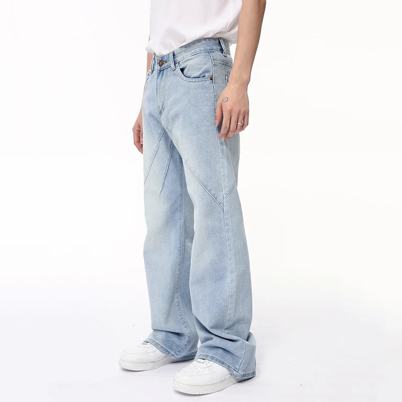 American Style Men's Jeans | Patchwork Design Straight Leg Denim Pants for Men | Wide Leg Casual Male Trousers | Stylish Streetwear (9C6400) | Perfect for Everyday Wear, Urban Fashion & Casual Outings