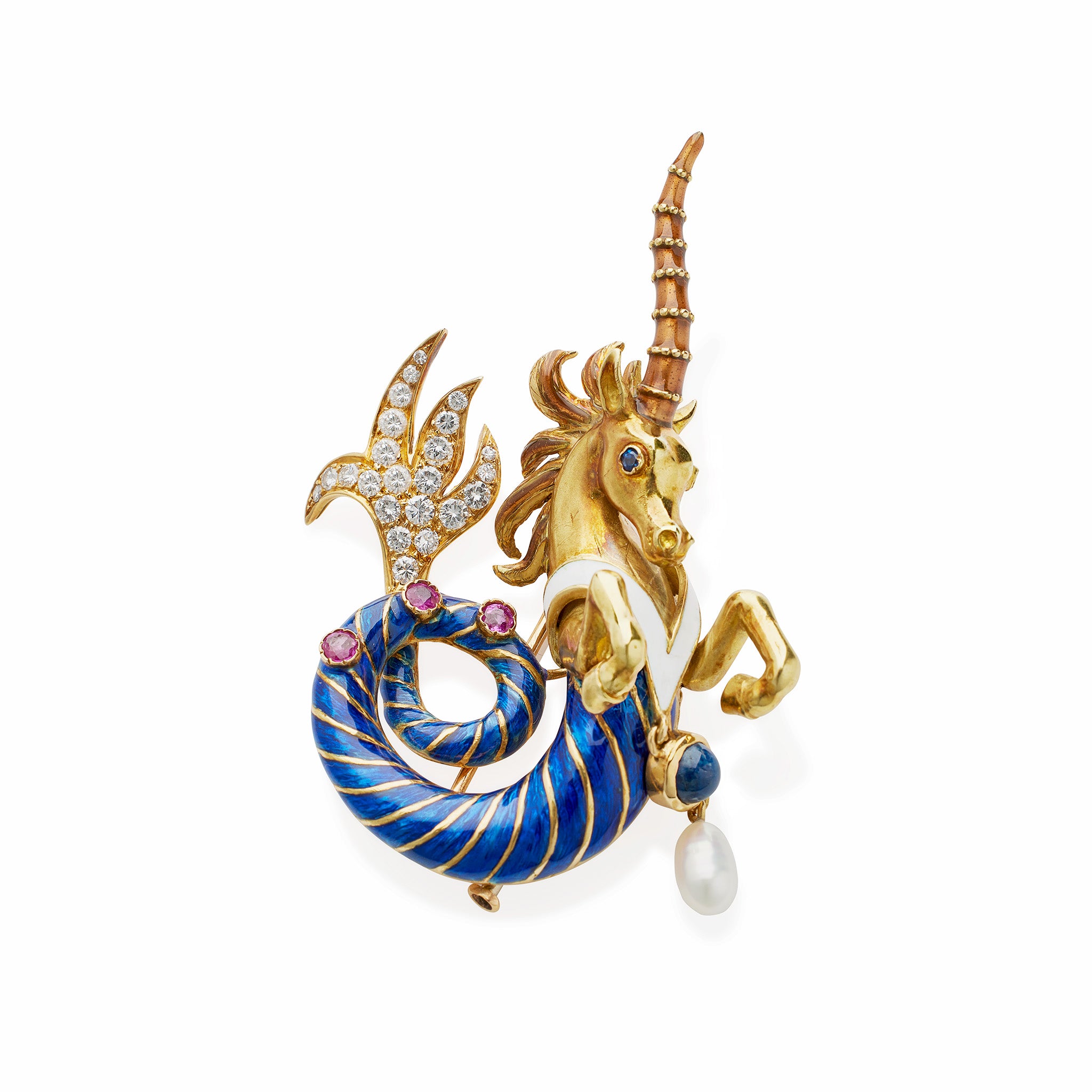 Vintage 1960s French Enamel & Gemstone Sea Unicorn Brooch by Jean Thierry Bondt - Elegant Collectible Jewelry for Vintage Fashion Lovers & Special Occasions