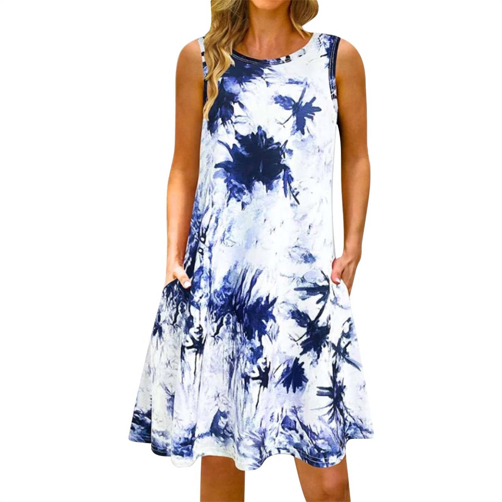 Women's Sleeveless Crew Neck Midi Dress - Boho Floral Summer Sundress with Pockets | Casual Swing Dress for Beach, Vacation & Outdoor Activities