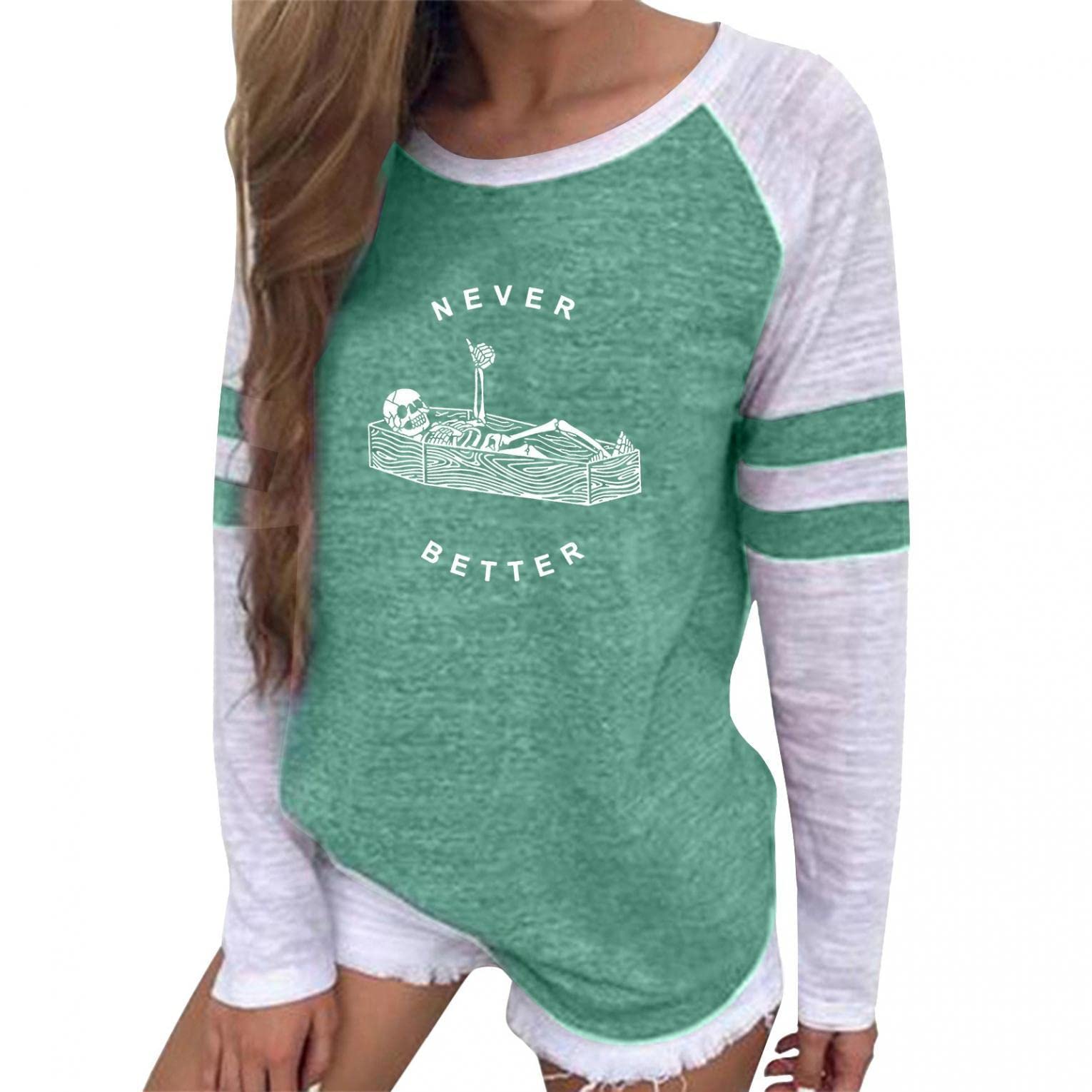 Women's Long Raglan Sleeve Crew Neck T-Shirts | Printed Loose Fit Tunic Blouses for Fall | Casual Spliced Top for Everyday Wear, Work & Weekend Outings