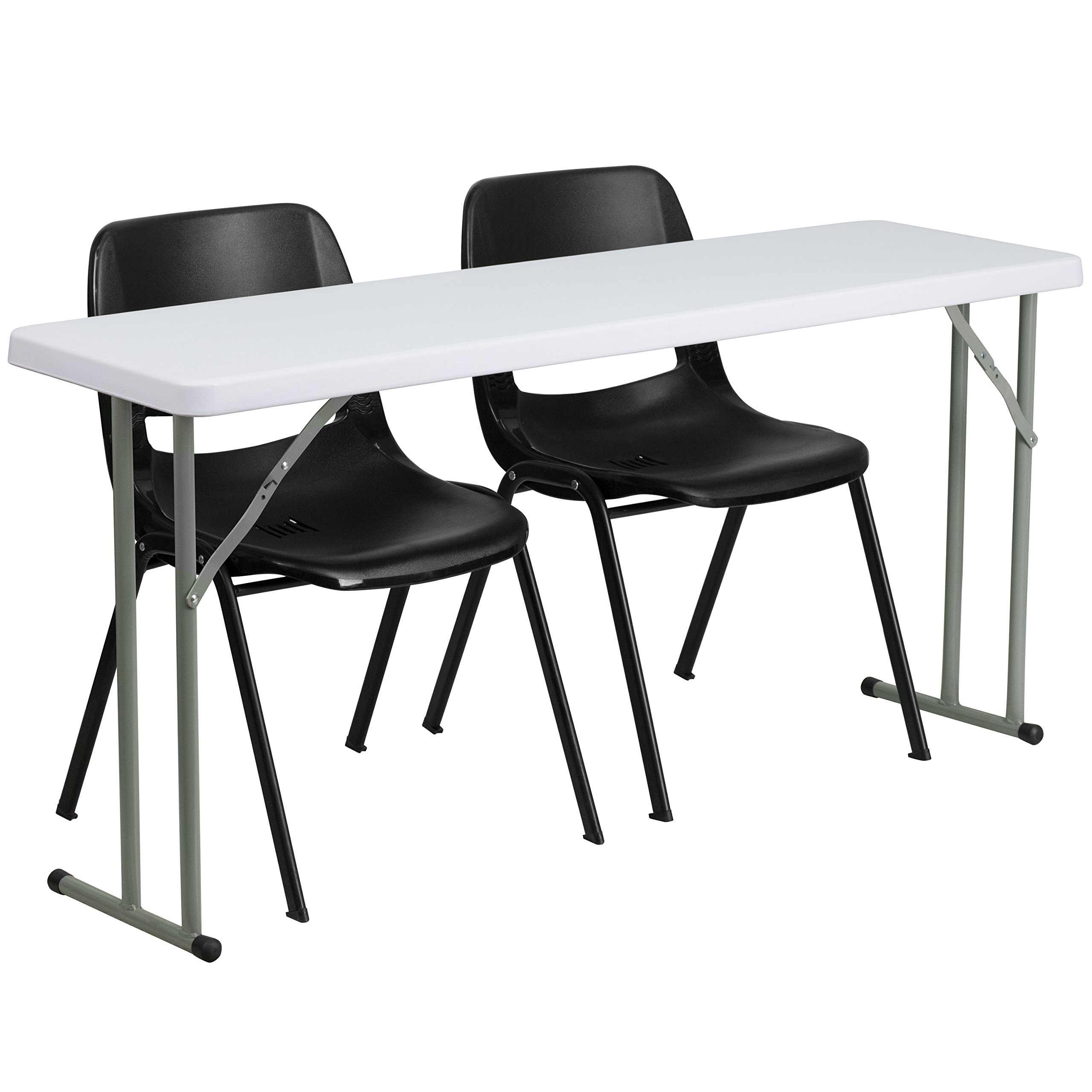 5-Foot Plastic Folding Training Table Set with 2 Black Plastic Stack Chairs - Portable & Lightweight for Classrooms, Meetings, Events, and Home Office Use