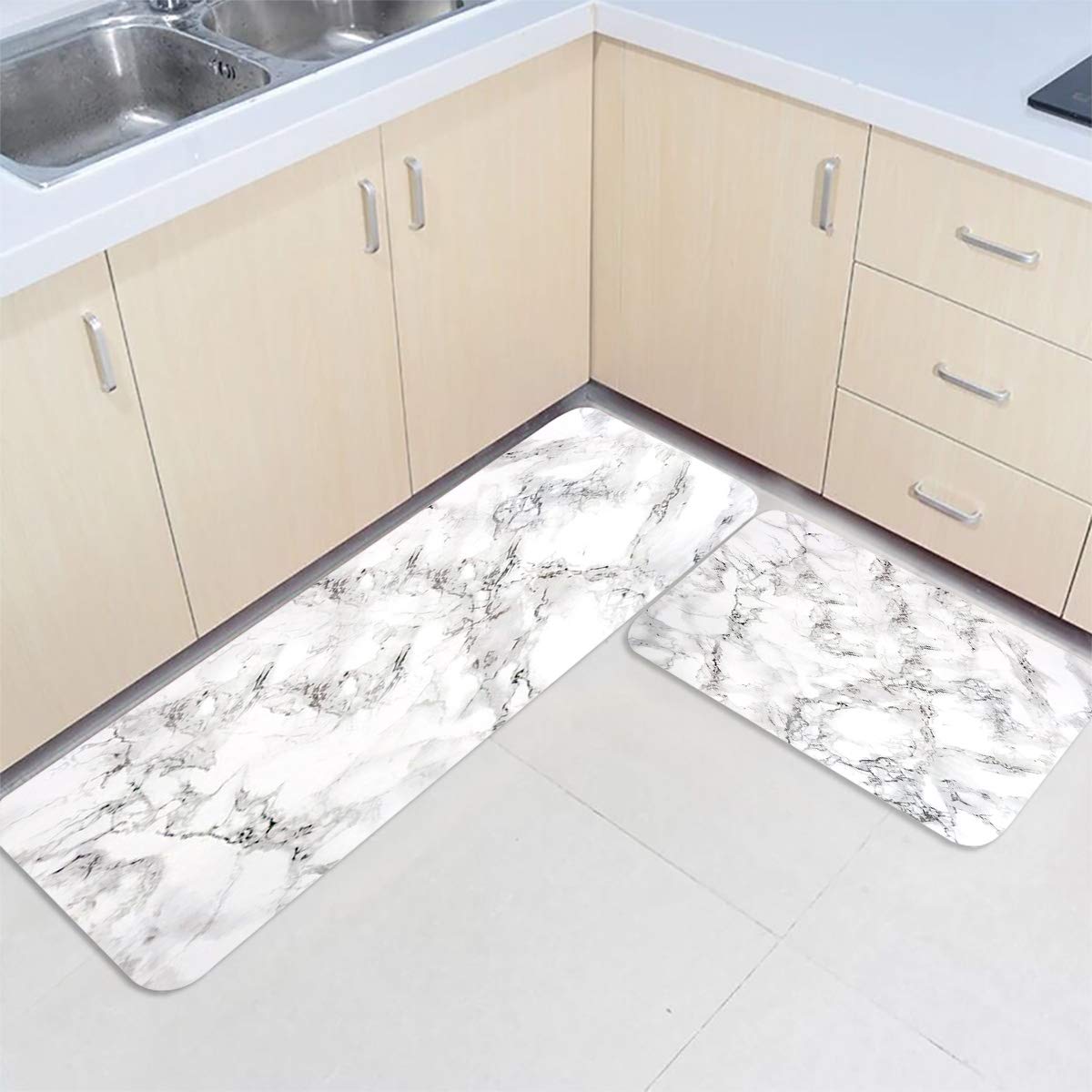 Premium Anti-Fatigue Kitchen Rug Set - 2 Cushioned Waterproof Floor Mats for Standing Comfort, Non-Slip Heavy Duty with Hazy Stripes (15.7x23.6in + 15.7x47.2in) - Perfect for Kitchens, Laundry Rooms & Standing Workstations