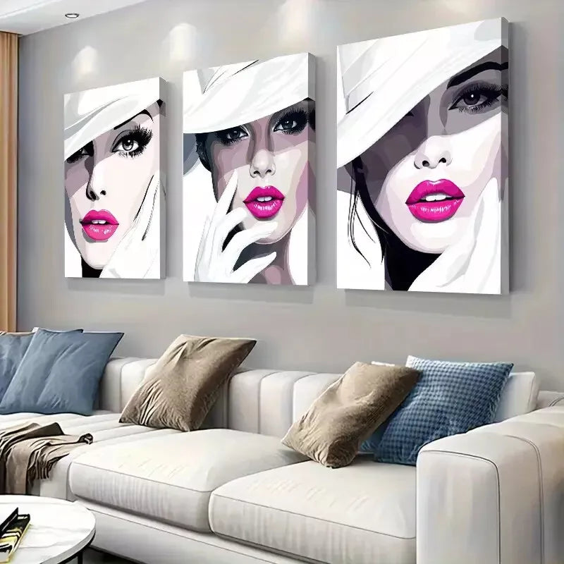 3-Piece Stylish Fashionista Faces Triptych Wall Art Set - Framed Canvas 40x60cm (16x24in) - High Quality Print, 100% Australian Made, Ready to Hang - Perfect for Living Room, Bedroom & Office Decor