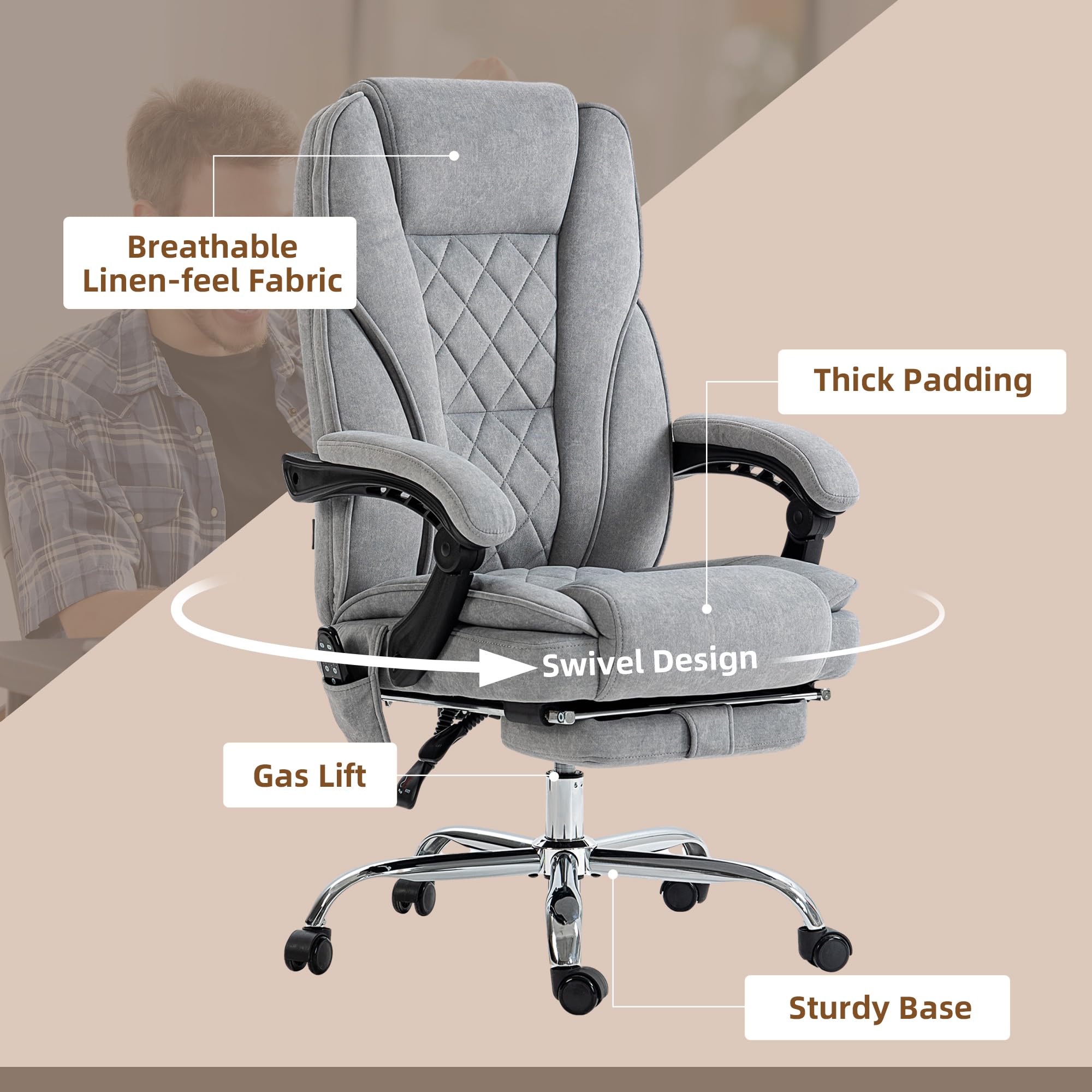Vinsetto Ergonomic Massage Office Chair with Foot Rest - 6-Point Vibration & Heat Therapy, Adjustable Height, Reclining Computer Desk Chair for Home & Office - Perfect for Long Work Hours & Back Pain Relief (Gray)