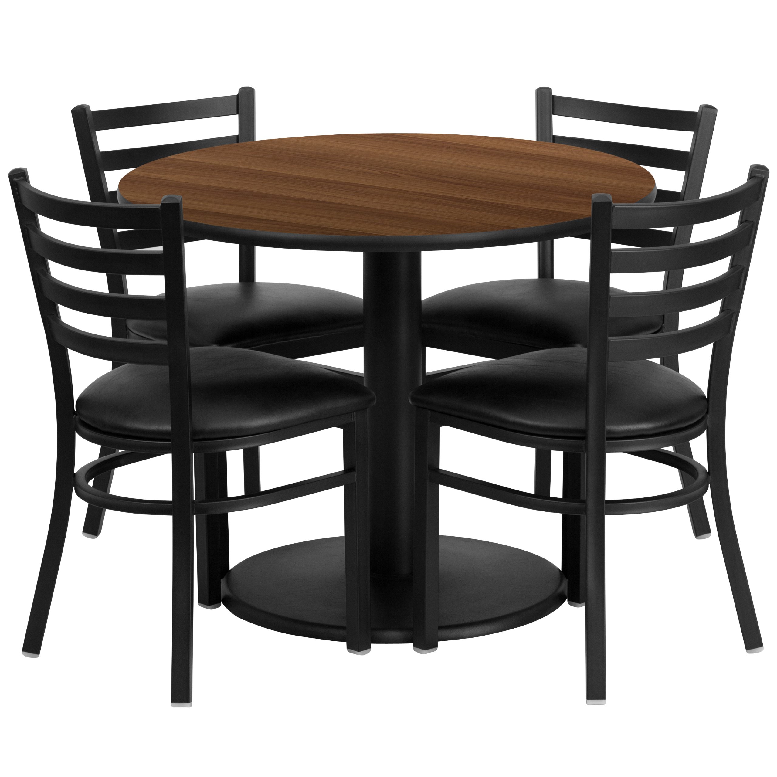 Flash Furniture 36-Inch Round Walnut Laminate Dining Table Set with 4 Metal Ladder Back Chairs & Black Vinyl Seats - Perfect for Kitchen, Breakfast Nook, or Small Space Dining