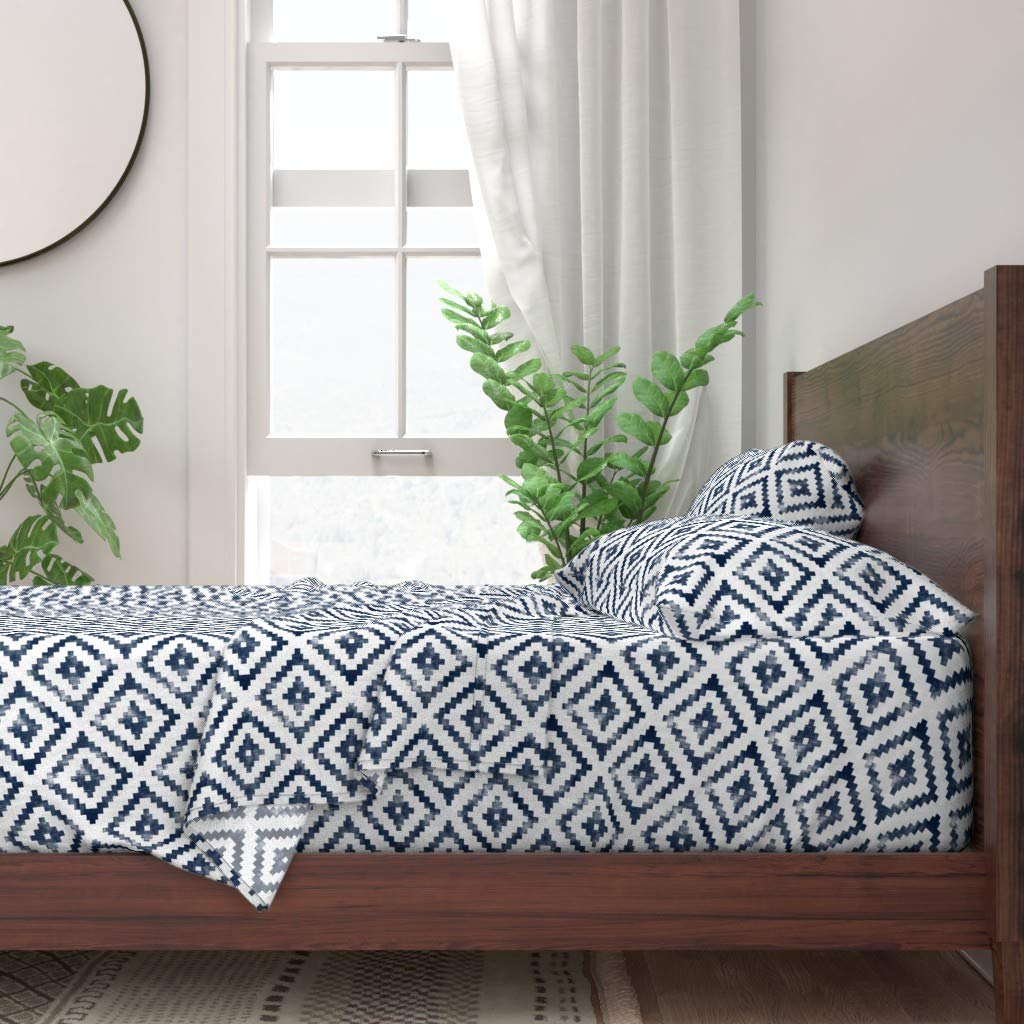 100% Cotton King Size Sheet Set 4-Piece - Distressed Navy & White Southwestern Boho Geometric Print | Soft Breathable Bedding for Nursery, Guest Room & Bohemian Home Decor