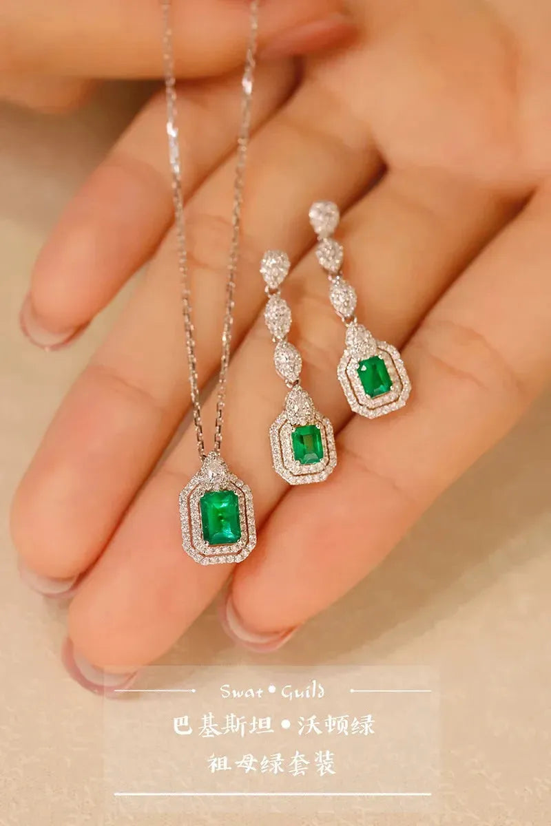 18K White Gold Diamond & Natural Emerald Necklace & Earrings Set for Women - Luxury Elegant Jewelry for Parties, Weddings & Special Occasions