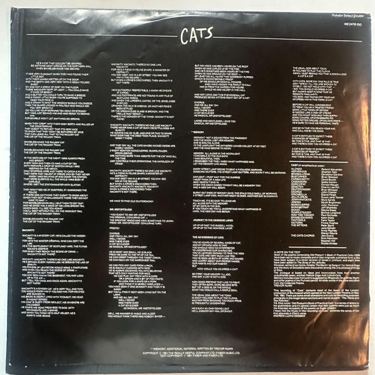 CATS Original Broadway Cast Double LP Soundtrack Vinyl Record (CATX 001, 1981 UK Gatefold Edition) - Perfect for Musical Theater Fans & Vinyl Collectors