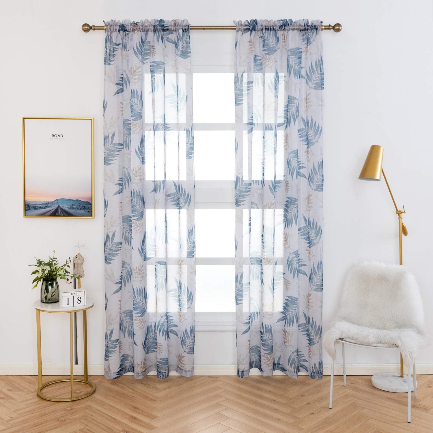 Anjee 95 Inch Sheer Curtains - Leaf Print Voile Window Panels for Bedroom & Nursery, 52x95 Inches (Set of 2), Rod Pocket Design - Blue Monstera Leaf Pattern Home Décor - Perfect for Living Room, Dorm & Light Filtering Privacy