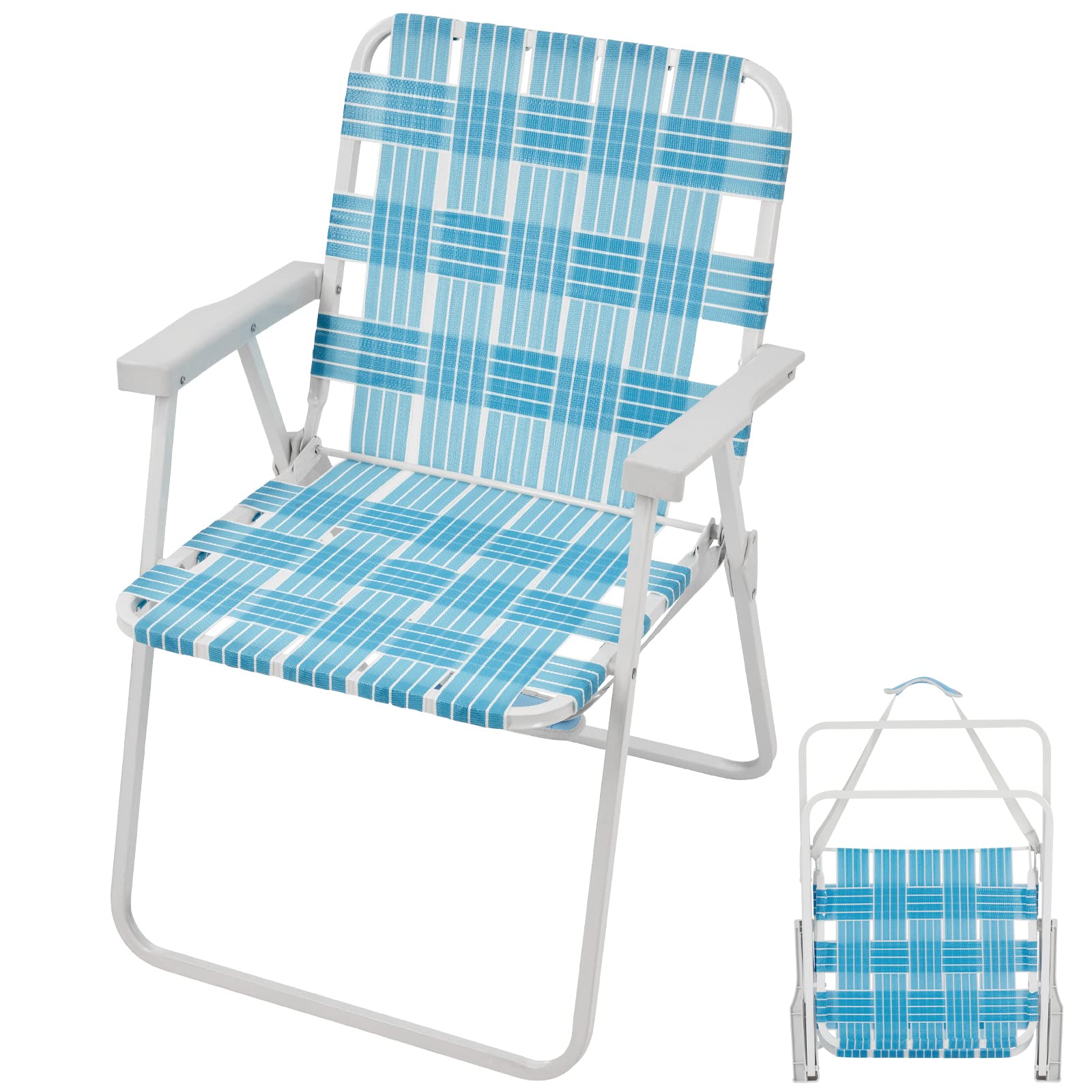 Premium Folding Webbed Lawn & Beach Chair - Heavy Duty Portable Outdoor Chair with Hard Armrests & Carry Strap - Perfect for Camping, Garden, Concert, Festival, Backyard & Beach Relaxation