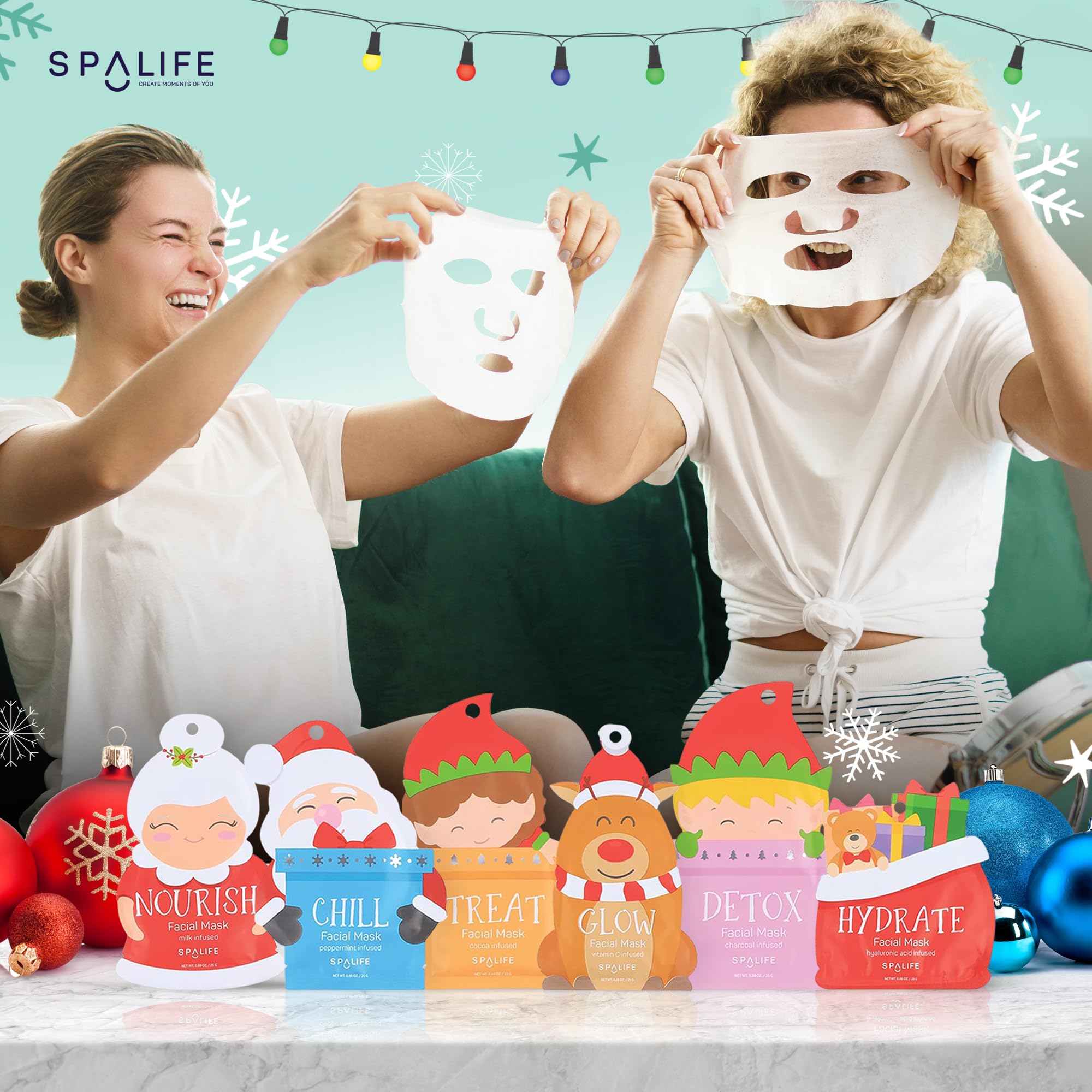 SpaLife Santa's Squad Hydrating Facial Sheet Masks - 12 Pack Korean Skincare for Moisturizing, Soothing & Glowing Skin - Perfect for Self-Care, Spa Day & Holiday Gifts