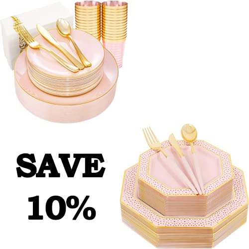 BBG 210-Piece Disposable Pink Party Tableware Set with Gold Cutlery - Includes 30 Pink Dinner Plates, 30 Salad Plates, 90 Gold Plastic Forks/Spoons/Knives, 30 Gold Cups & 30 Napkins - Elegant Mother’s Day, Bridal Shower & Birthday Party Supplies