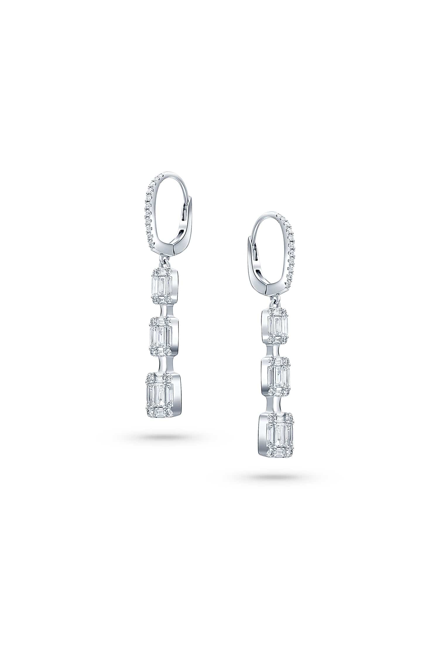 18K White Gold Baguette Diamond Cluster Earrings - Elegant Wedding Jewelry & Anniversary Gift for Women