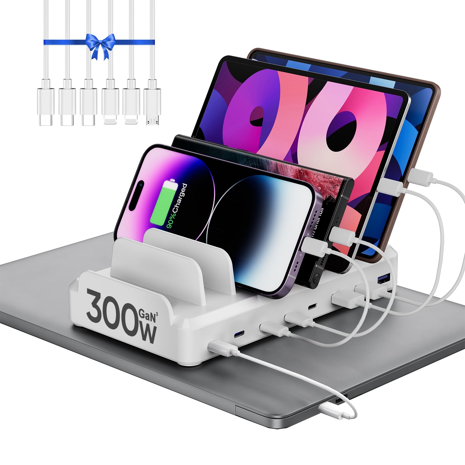 300W 8-Port USB C Charging Station - Fast Charge for MacBook iPhone 15 iPad - Perfect for Home & Office