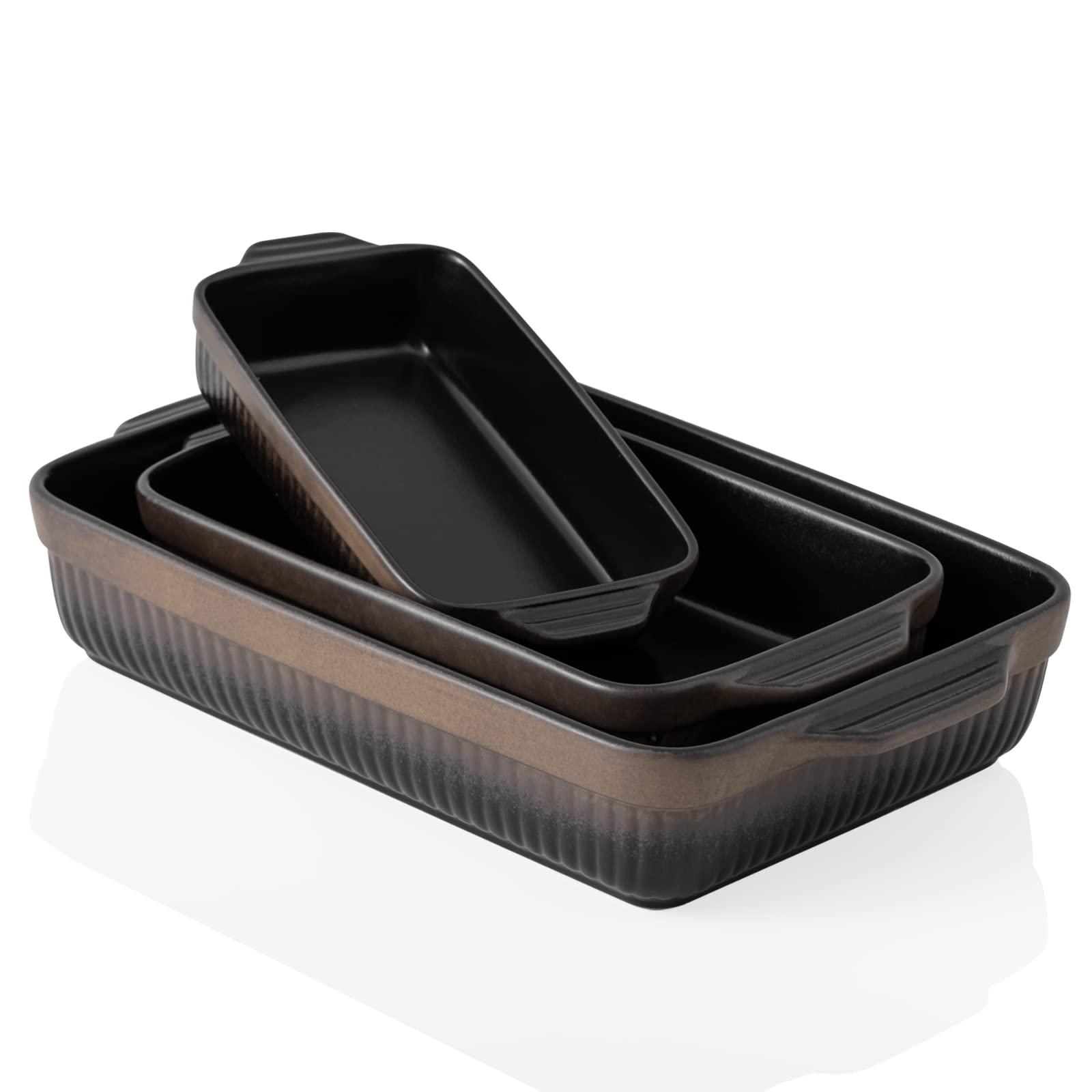 Kanwone 9 x 13 Inch Ceramic Baking Dish Set - Rectangular Lasagna Pan, Casserole Dish, Oven Safe Bakeware for Cooking, Baking & Serving | Matte Black Reactive Glazed Stripe Series | Perfect for Family Dinners, Holiday Meals & Potluck Parties
