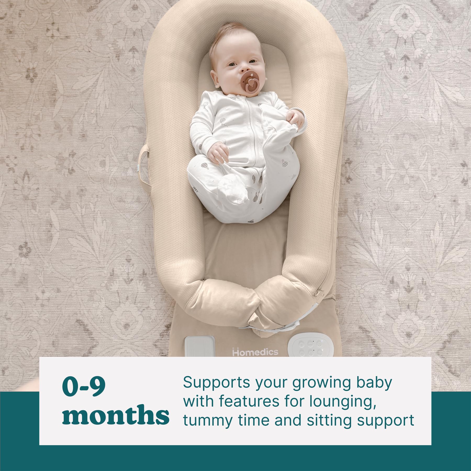 Homedics 3-in-1 Calming Baby Cushion with Soothing Sound & Vibration - Rechargeable & Machine Washable Infant Comfort Pillow for Newborns & Babies - Safe Snuggling Sensation for Nursery, Car Seat & Stroller (Tan)