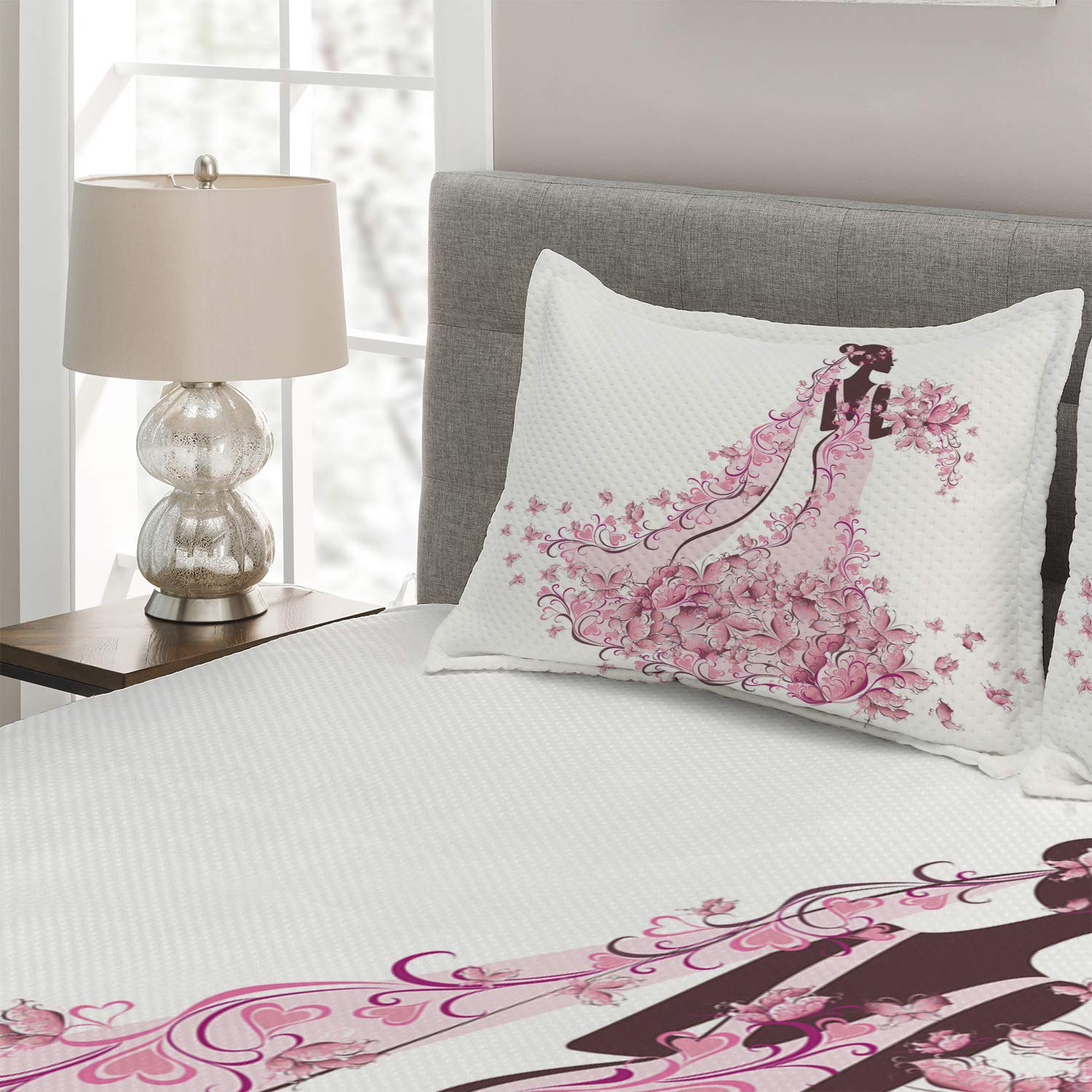 Ambesonne 3-Piece King Size Wedding Bedspread Set - Floral Hearts & Butterflies Quilted Coverlet with 2 Pillow Shams in Pale Pink, Maroon & White | Bridal Bedding for Wedding Night, Anniversary Gift & Romantic Bedroom Decor