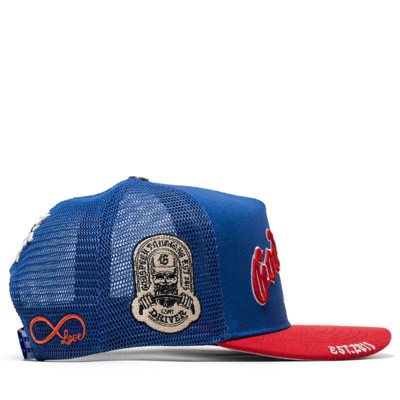 Godspeed New York GS Forever Trucker Hat - Blue & Red Adjustable Snapback Cap for Men & Women - Perfect for Outdoor Activities, Sports, and Casual Wear