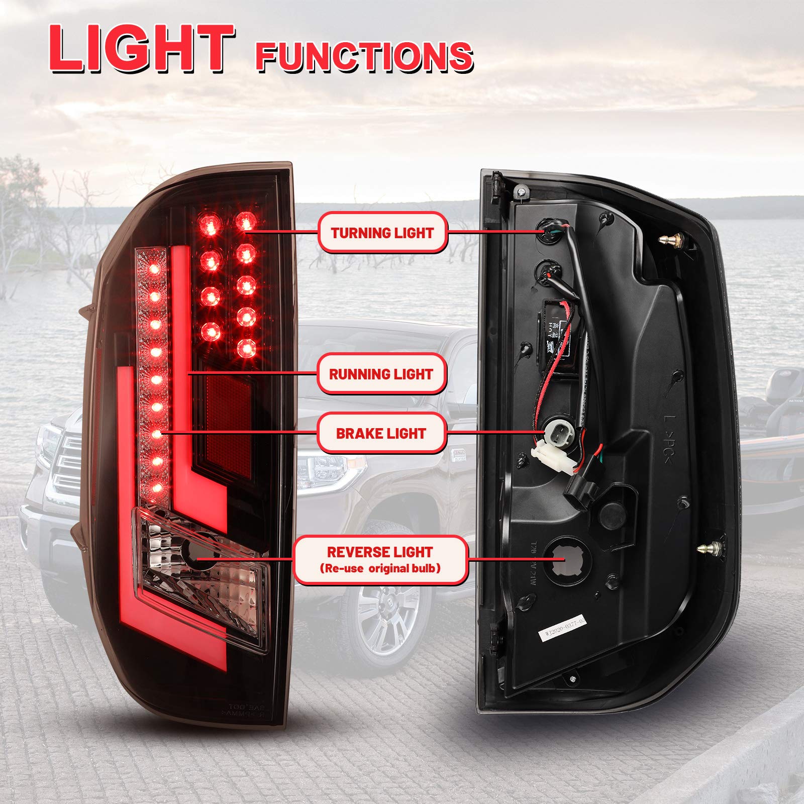 **AUTOWIKI LED Tail Lights for 2014-2020 Toyota Tundra - Glossy Black Housing, Clear Lens, Red Guide (2PCS) - Perfect for Off-Roading & Night Driving**