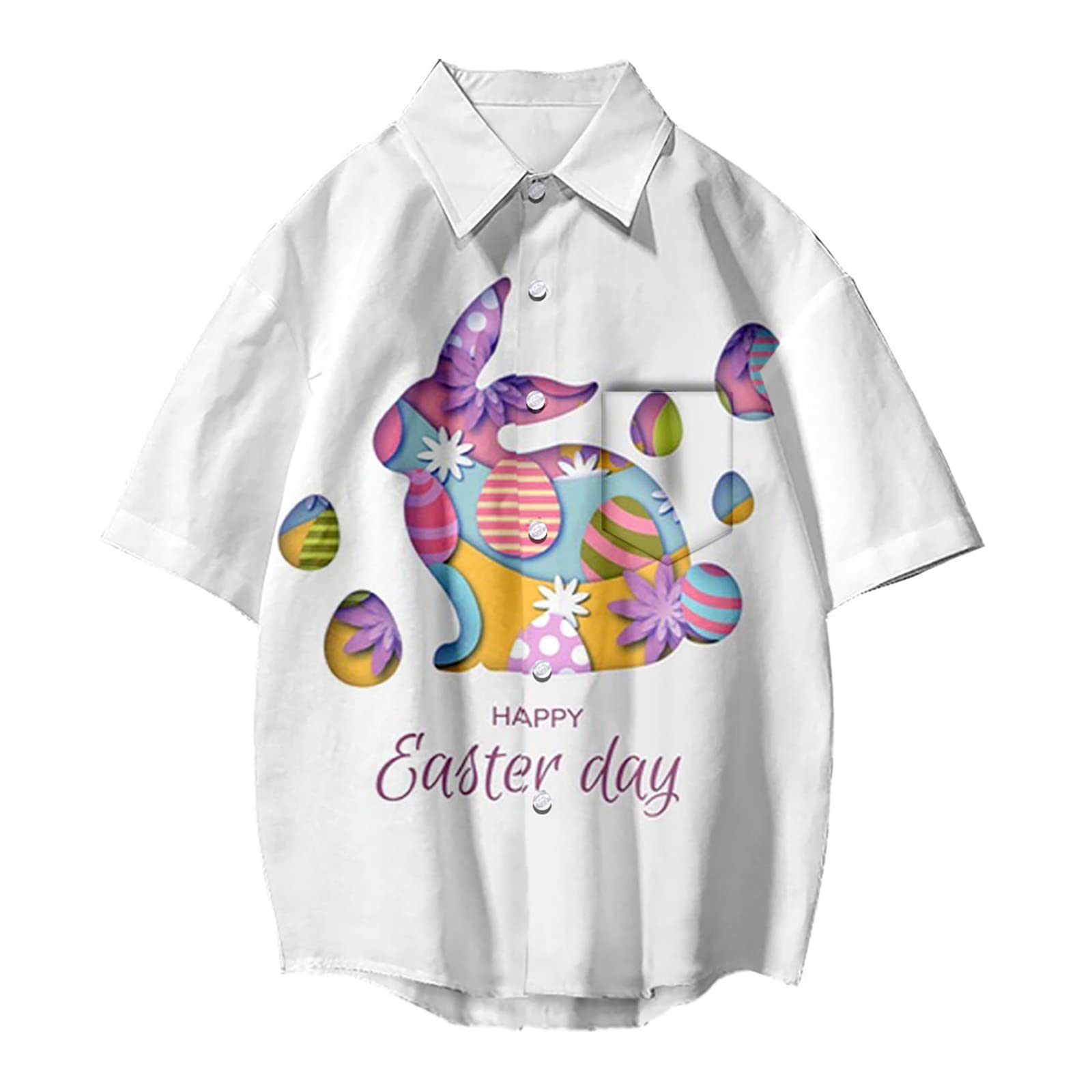 Hawaiian Shirts for Men - Summer Fashion Easter Rabbit Print Short Sleeve V-Neck Casual Holiday Shirt - Perfect for Beach Parties, Tropical Vacations & Easter Celebrations