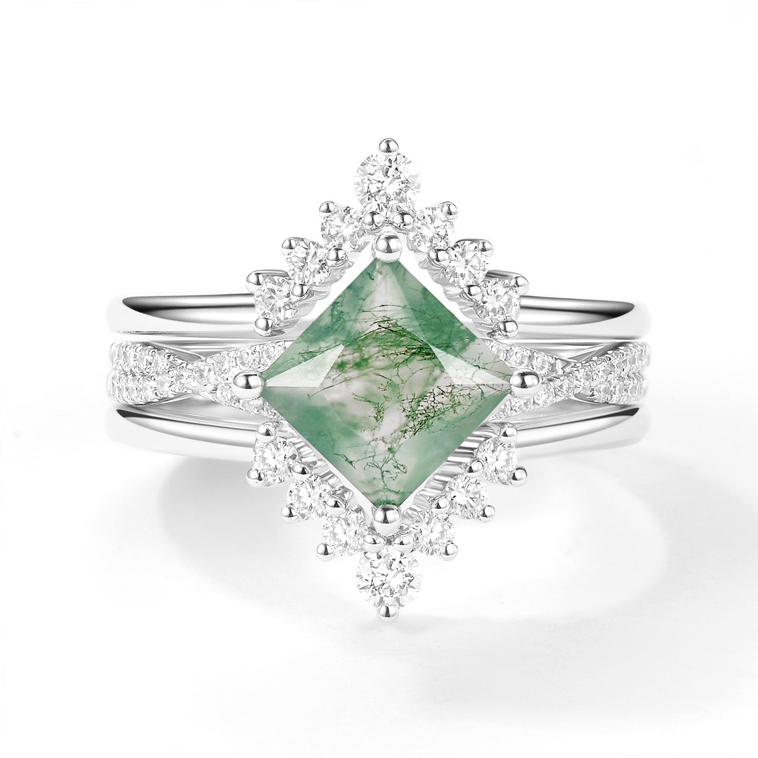 2.0ct Moss Agate Princess Cut Stacking Engagement Ring Set - 3 Piece Wedding Band Stack for Women - Perfect for Proposals, Anniversaries & Everyday Elegance