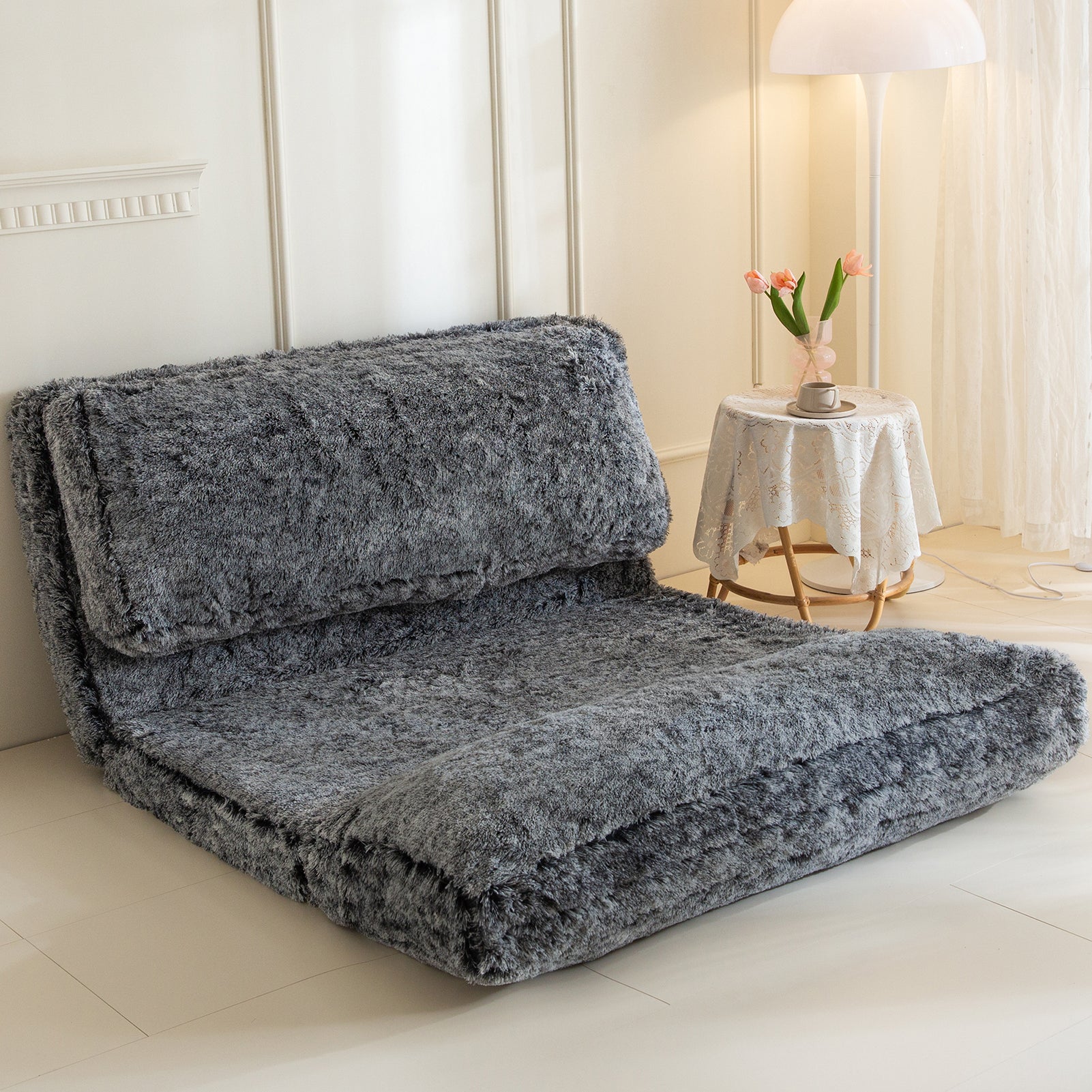 MAXYOYO Faux Fur Bean Bag Chair - Foldable Floor Sofa Bed with Foam Filling, Wall Couch Sleeper for Living Room, Bedroom & Dorm - Black (Perfect for Lounging, Gaming & Small Space Living)
