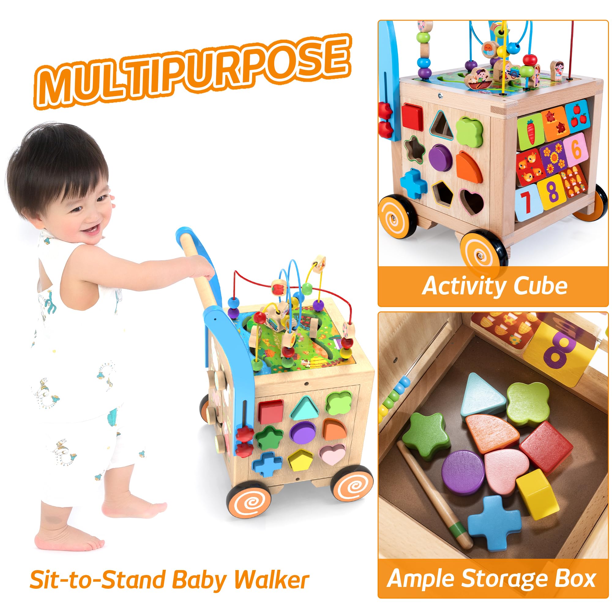 9-in-1 Wooden Activity Cube Baby Walker - Adjustable Height & Brake, Sit-to-Stand Learning Toy with Push & Pull Features for Toddlers Boys & Girls | Early Education Developmental Toy for Playroom, Nursery & Daycare