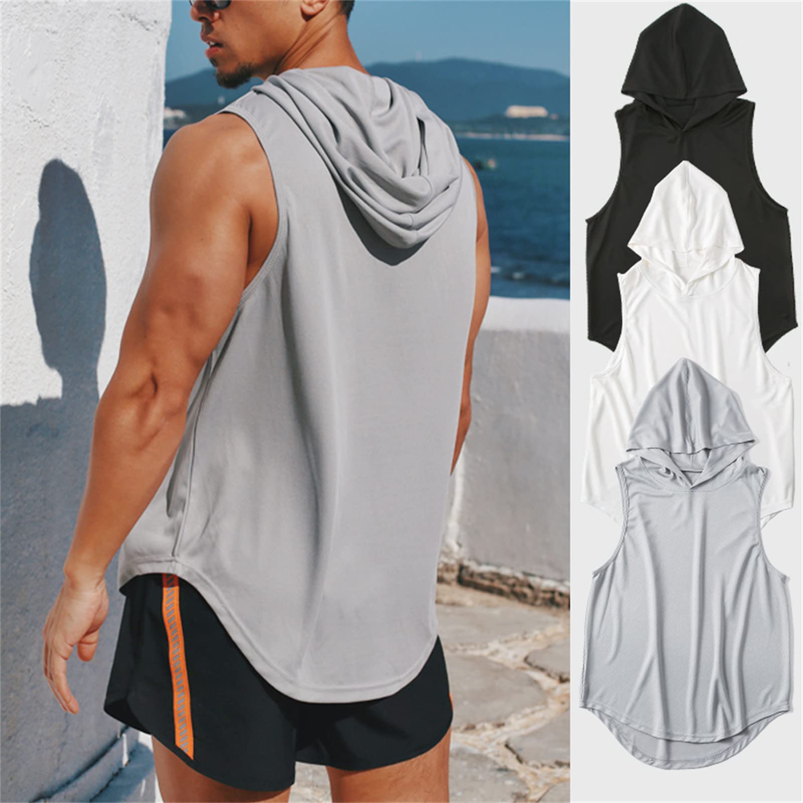 WSLCN Men's Quick Dry Hooded Tank Top - Breathable Sleeveless Workout Shirt for Gym, Running & Fitness Training - Moisture Wicking Athletic Hoodie for Summer Outdoor Sports