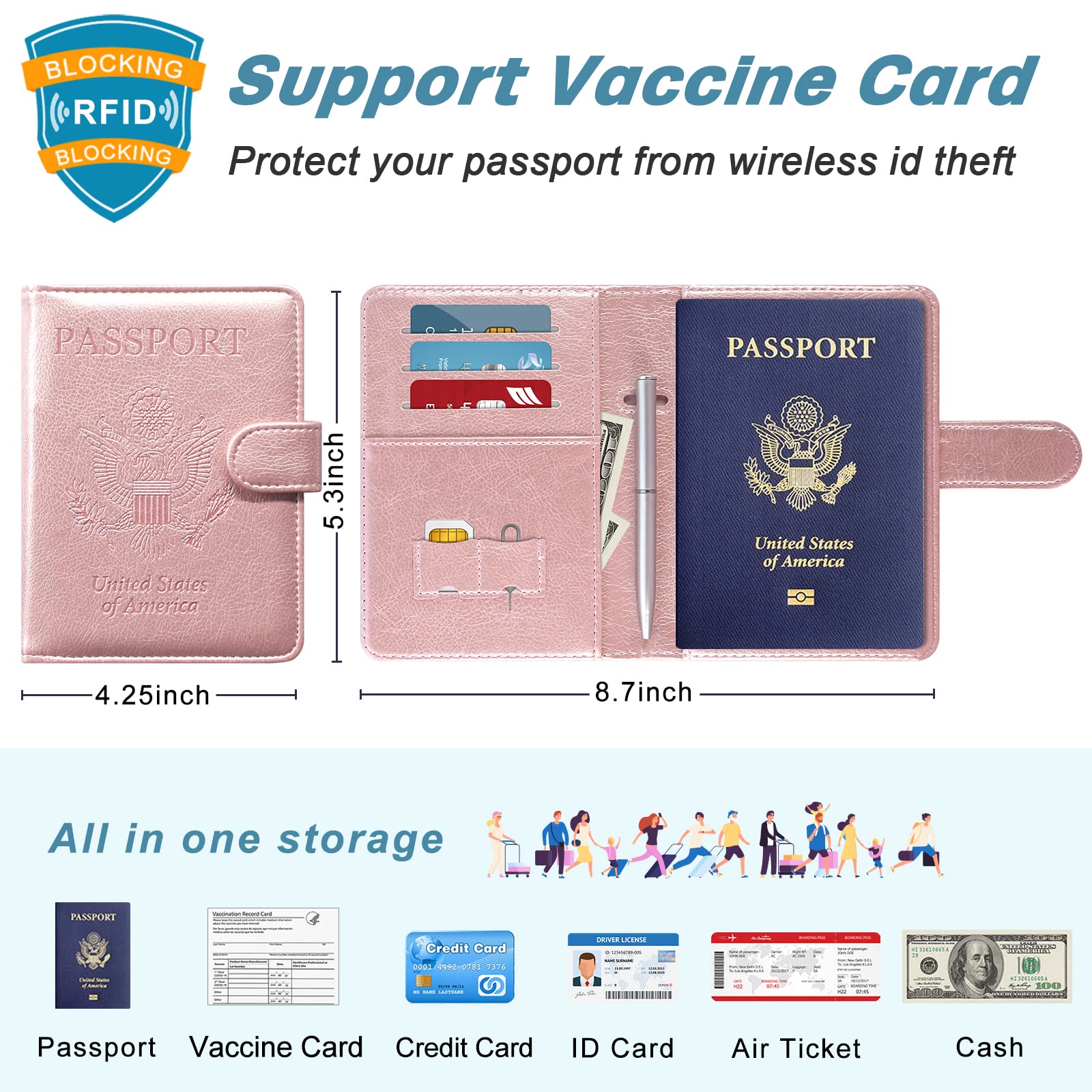 Premium PU Leather RFID Blocking Passport Holder & Travel Wallet - Secure Magnetic Closure Passport Cover Case with Free Mini Pen - Rose Gold Travel Document Organizer for Women & Men | Perfect for Airports, Business Trips & International Travel