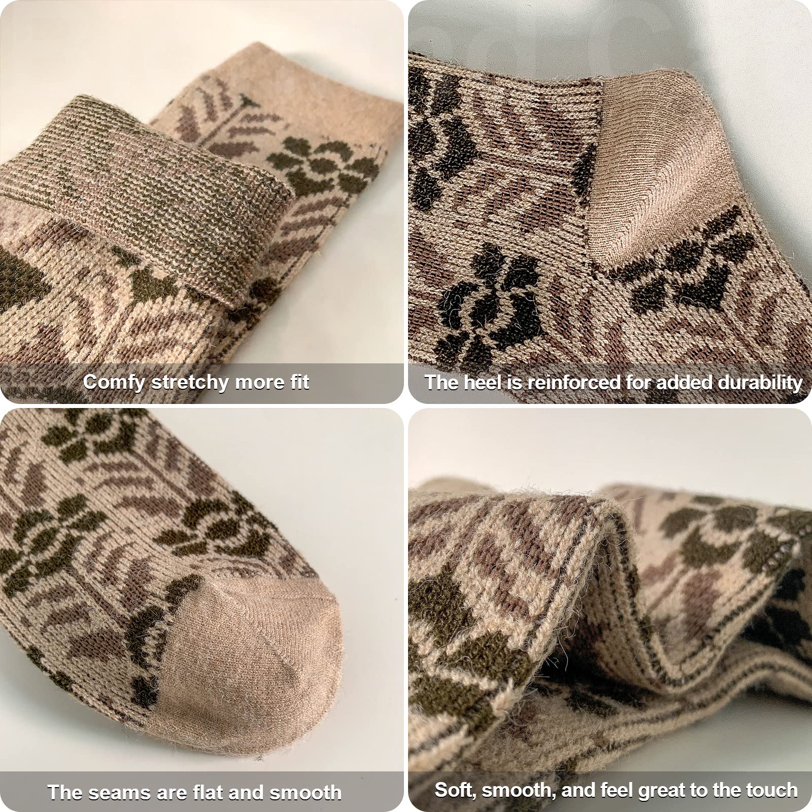 Vintage Wool Socks for Women - 5 Pairs Cozy Crew Socks with Unique Print, Perfect for Christmas Gifts & Winter Wear