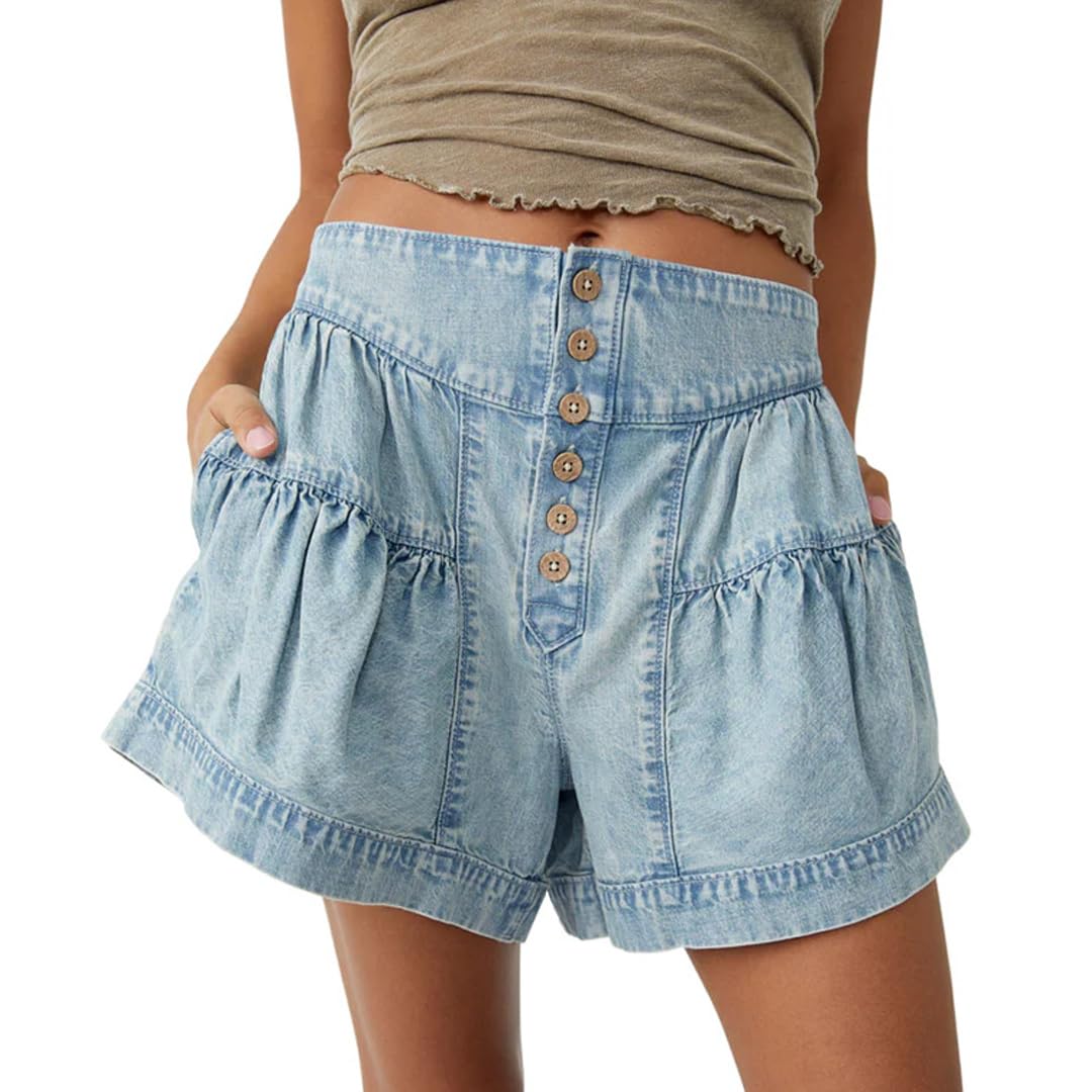 Women's High Waisted Denim Shorts - Stretchy Elastic Waist with Ruffle Hem & Pleated Button Details | Casual Summer Jean Shorts for Beach, Outfits & Everyday Wear