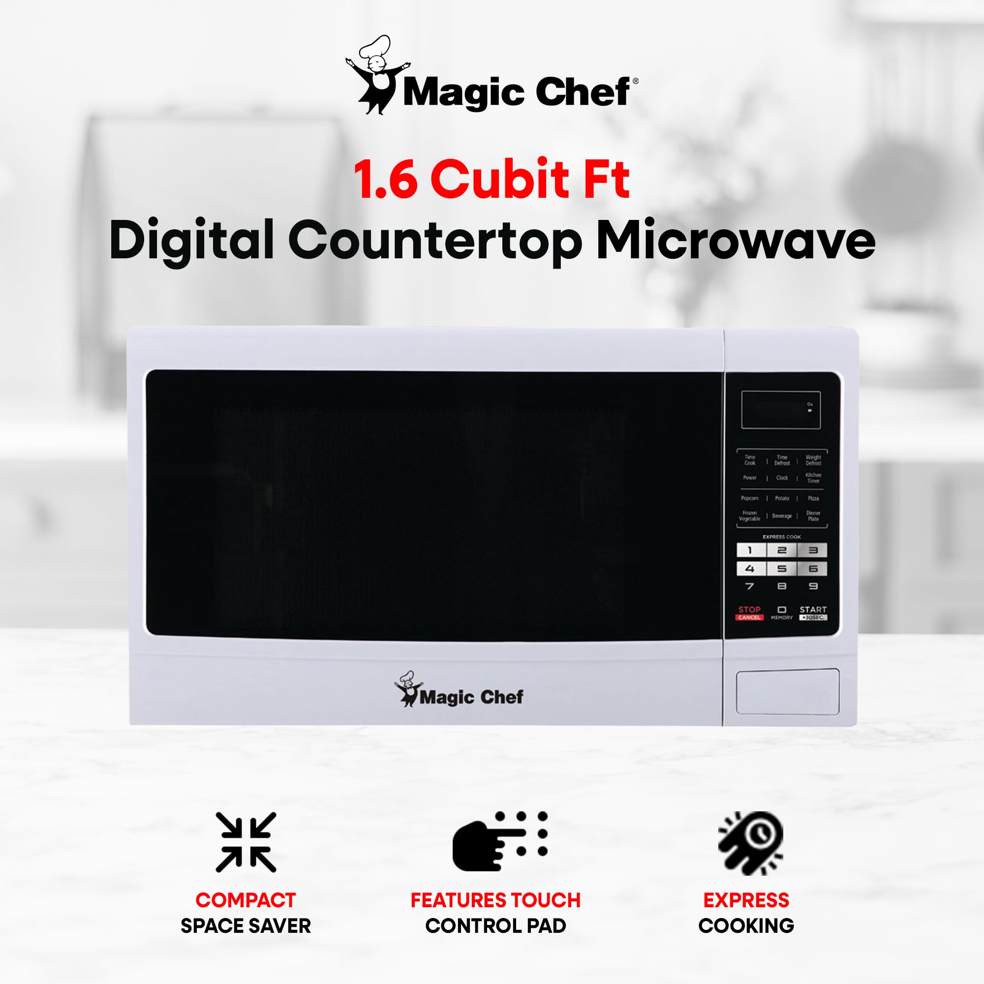 Magic Chef 1.6 Cu Ft Countertop Microwave Oven - 1100W Compact Small Microwave for Kitchen, Dorm, Office - White