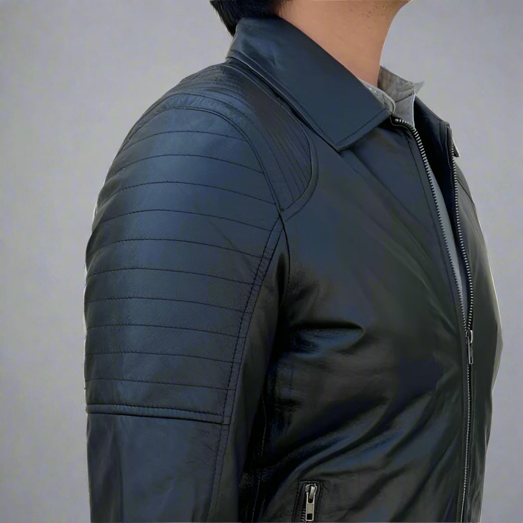 Men's Classic Quilted Shoulder Sheep Leather Jacket with 2 Pockets - Warm Winter Outerwear for Casual & Motorcycle Riding