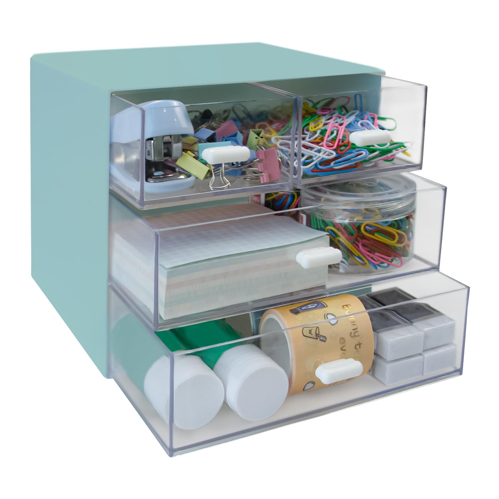 4-Drawer Blue Plastic Desk Organizer with Storage Box - Office, School & Home Stationery Supplies - Perfect for Pencils, Pens, Paper Clips & Small Items