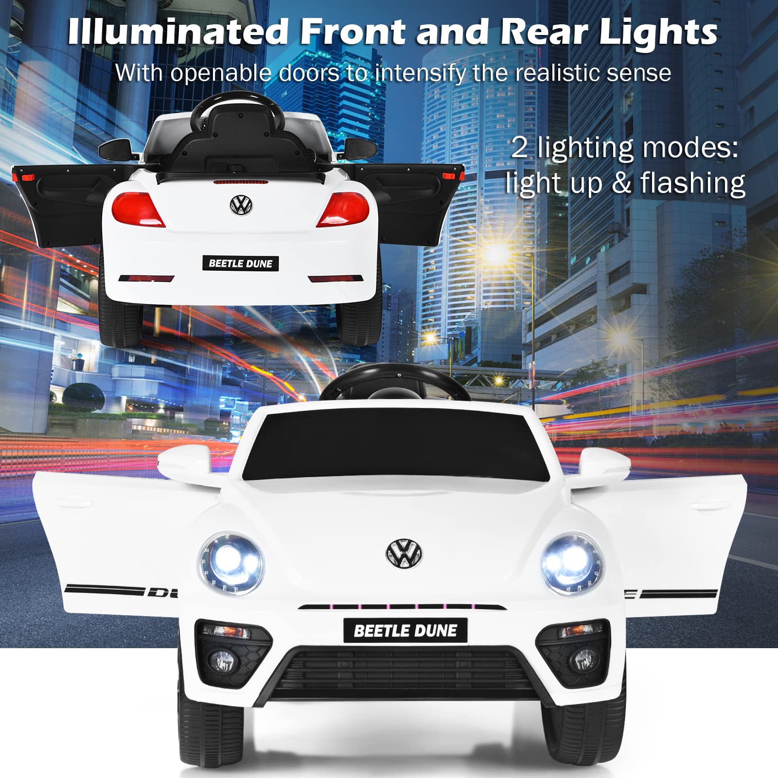 Costzon 12V Licensed Volkswagen Beetle Kids Electric Ride-On Car with Remote Control, Spring Suspension, LED Lights, USB Port, Horn & Music – 4-Wheeler Battery-Powered Vehicle for Boys & Girls (White) | Perfect Birthday Gift, Outdoor Play & Pretend Driving Fun