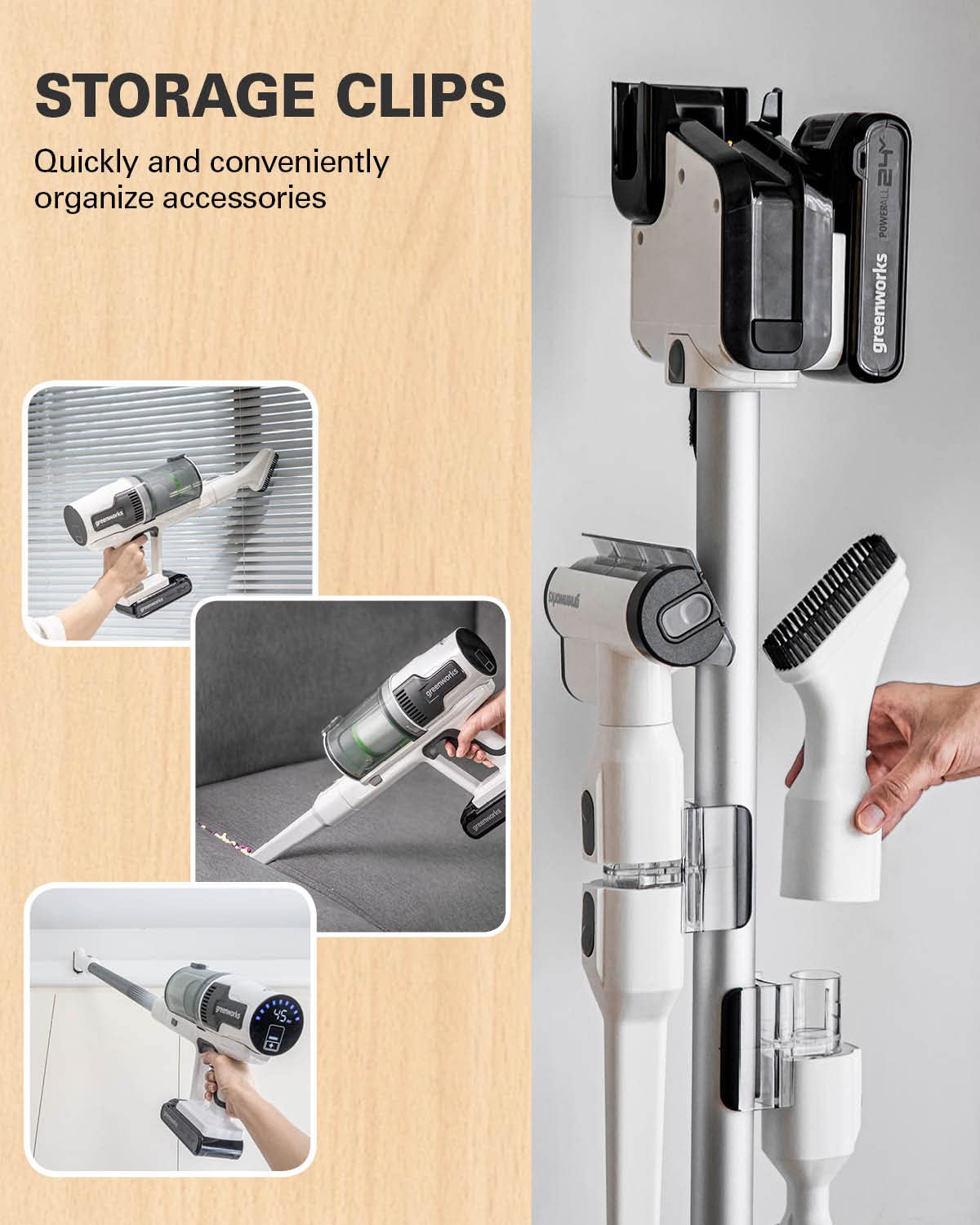 Greenworks 24V Brushless Cordless Stick Vacuum Cleaner - 500W Powerful Suction, Ultra Lightweight Design with LED Lights, Includes 4Ah USB-C Battery & 30-Min Fast Charger (White) - Perfect for Hardwood Floors, Carpets, Pet Hair, and Quick Home Cleaning