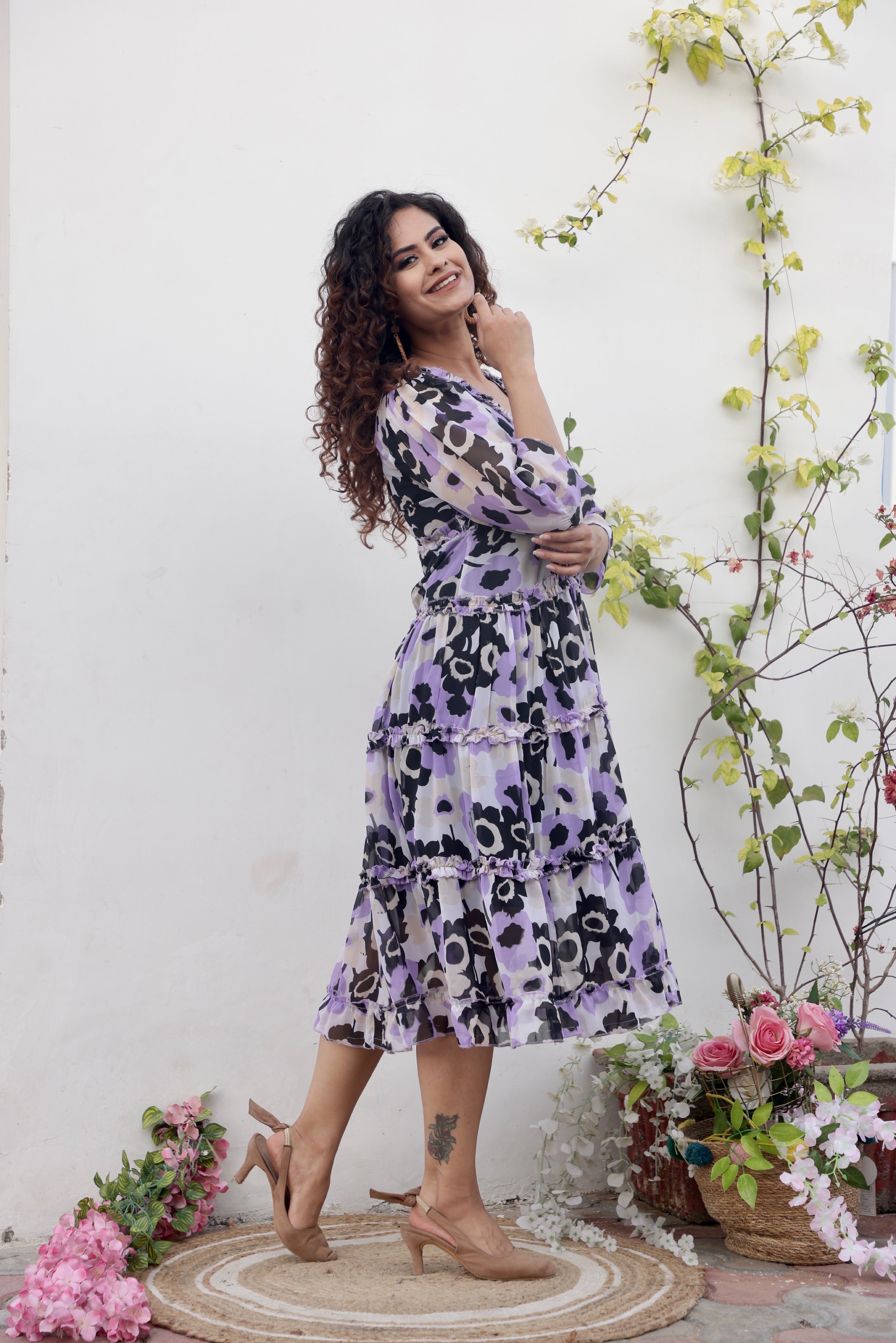 Lavender Floral Print Maxi Dress for Women - Summer Boho Beach Dress with Long Sleeves - Perfect for Vacation, Wedding Guest & Outdoor Parties