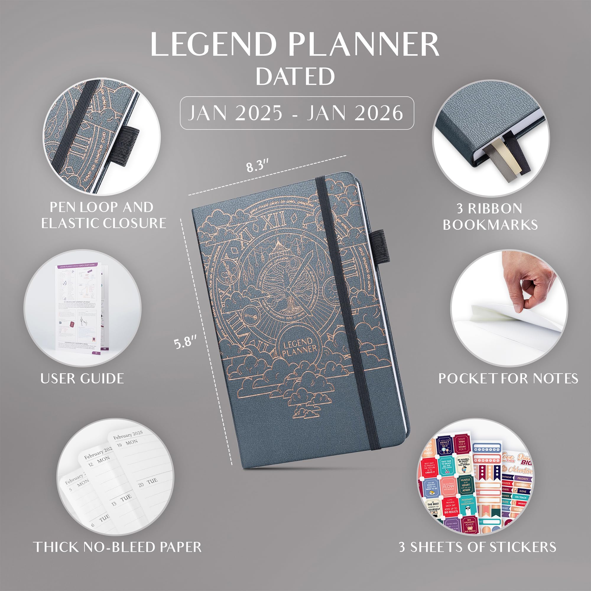 **Legend Planner 2025-2026: Dated Weekly & Monthly Goal Planner – Boost Productivity, Stay Organized & Achieve Happiness | A5 Hardcover Notebook & Productivity Journal (Mystic Gray) – Perfect for Work, School & Personal Growth**