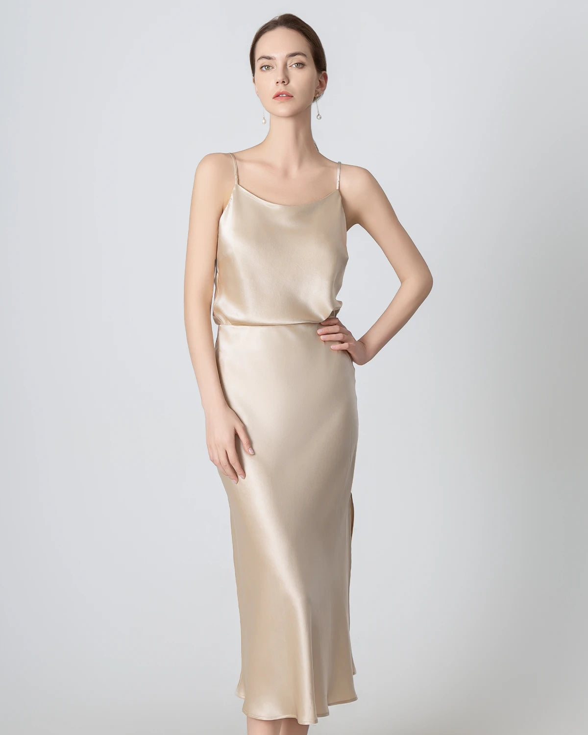 Luxury Round Neck Silk Camisole & Midi Skirt Set - Women's Elegant Satin Pajama Loungewear for Home, Sleep & Special Occasions