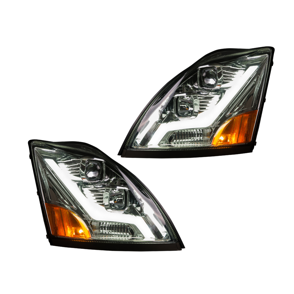 Volvo VN VNL Chrome Housing LED Headlights Set with Light Bar - Left & Right Side Replacement for Improved Night Driving & Truck Styling