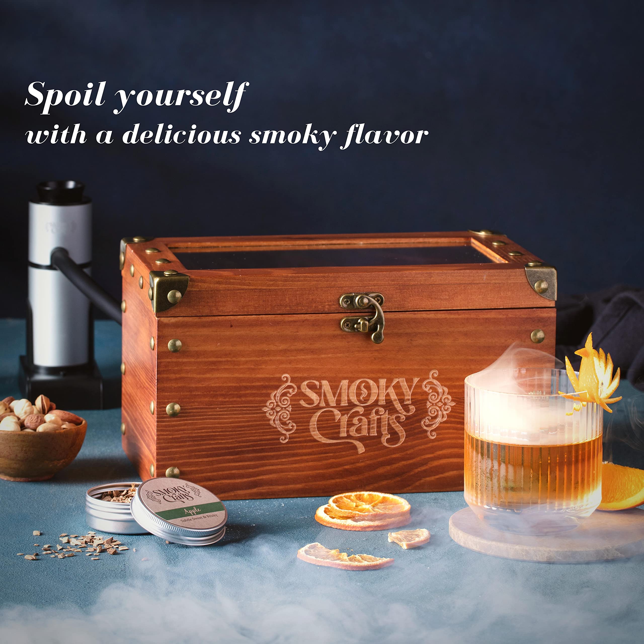 Premium Whiskey Smoker Kit - Old Fashioned Cocktail & Food Smoker with Smoking Gun, Wood Chips (Apple & Cherry), Food Tray - Perfect for Bourbon Lovers, Home Bars & Gourmet Cooking - No Torch Required
