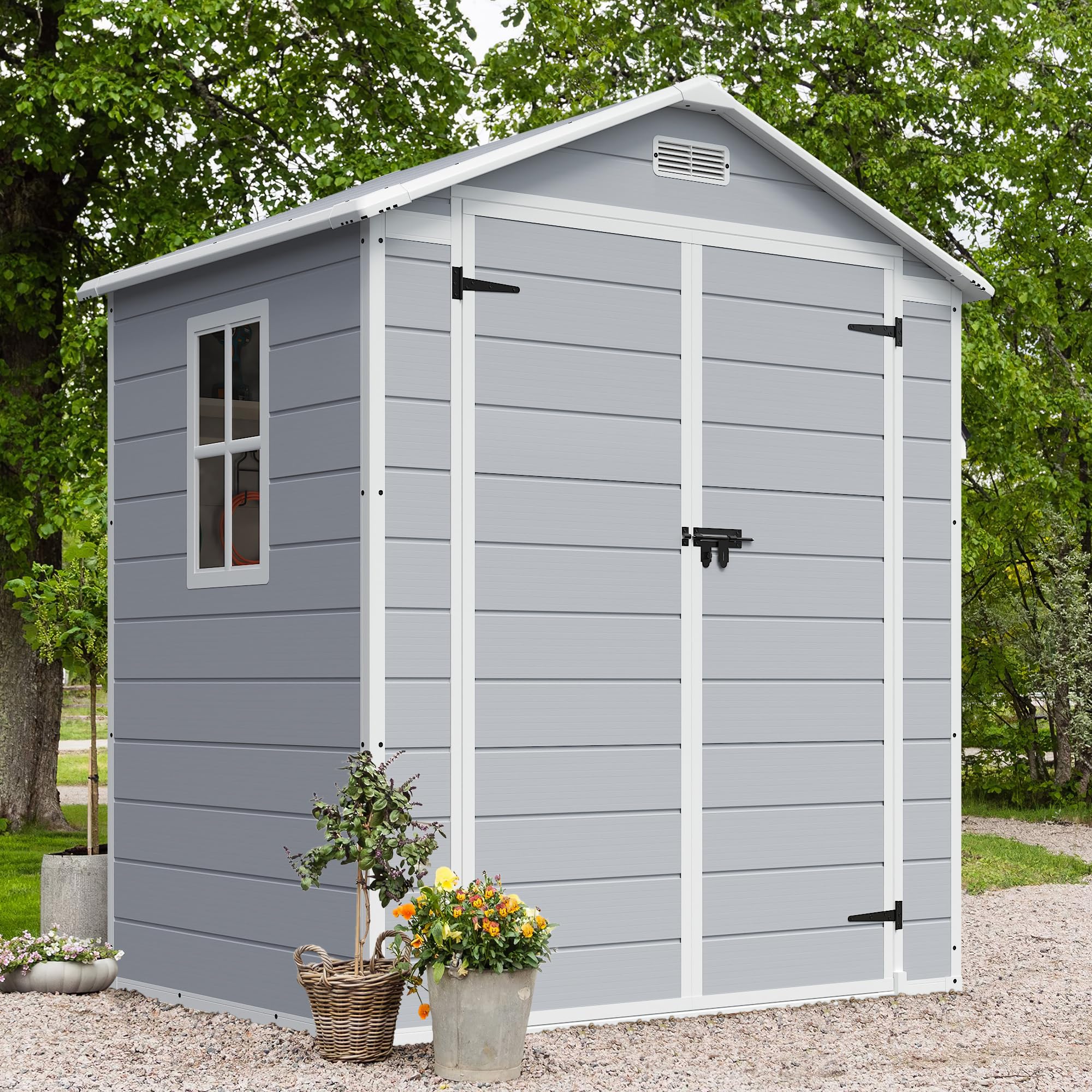 JUMMICO 6x4 FT Outdoor Storage Shed - Durable Resin Garden Shed with Floor & Lockable Door - Weatherproof Plastic Tool Shed for Patio, Backyard, Lawn & Garage Organization (Perfect for Storing Gardening Tools, Lawn Equipment & Seasonal Items)