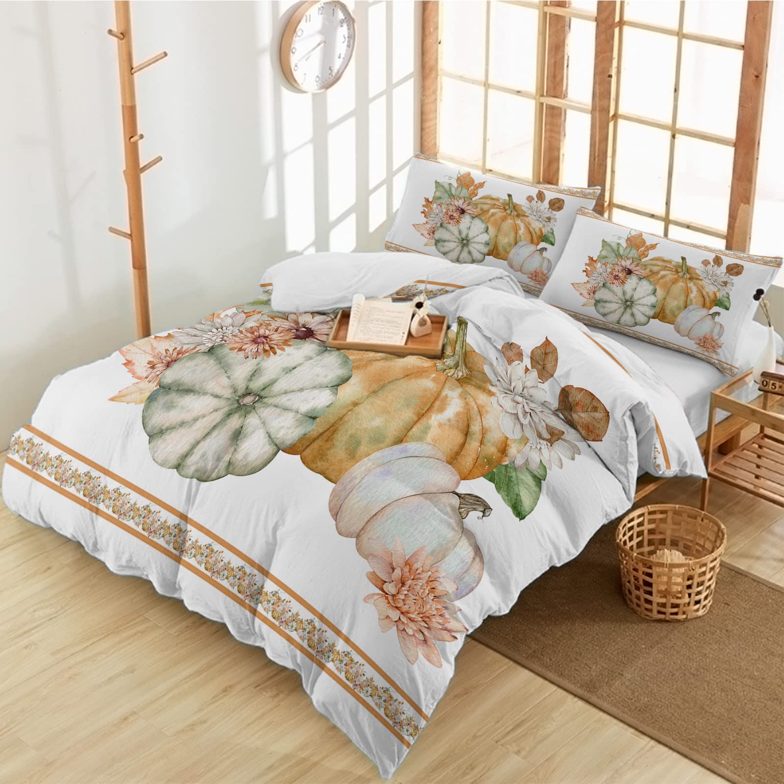 **Soft Luxury Twin Duvet Cover Set - 3 Piece Watercolor Farmhouse Pumpkins & Flowers Printed Comforter Cover with 2 Pillow Shams - Retro Farm Harvest Bedding for Cozy Bedroom Decor**    *(Perfect for Farmhouse, Rustic, or Vintage-Themed Bedrooms - Ideal for Guest Rooms, Kids' Rooms, or Seasonal Home Styling)*