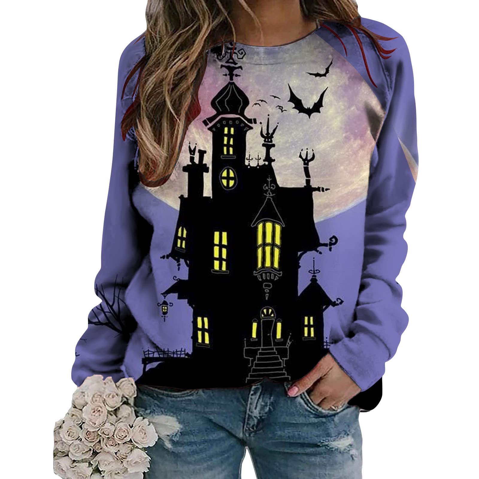 Miximx Halloween Women's Long Sleeve Tops - Rose Skull Print Crew Neck Fall Blouse for Women | Elegant & Cute Gothic Style Shirt for Halloween Parties, Cosplay & Autumn Fashion