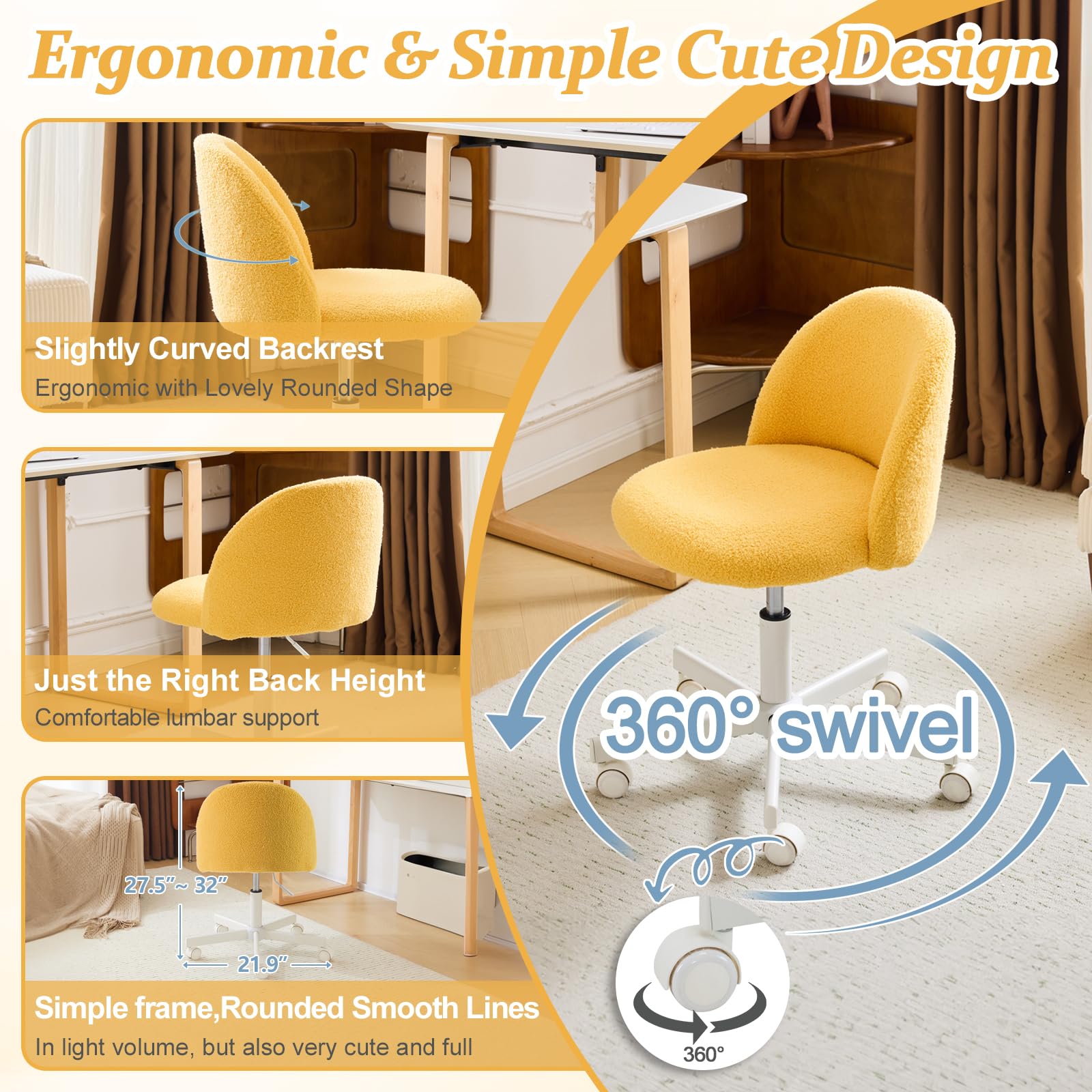 VINGLI Adjustable Swivel Office Chair with Wheels - Cute Armless Desk Chair for Home Office, Bedroom & Vanity - Ergonomic Lumbar Support, Rolling Computer Task Chair in Sunny Egg Yellow - Perfect for Small Spaces & Cozy Workspaces