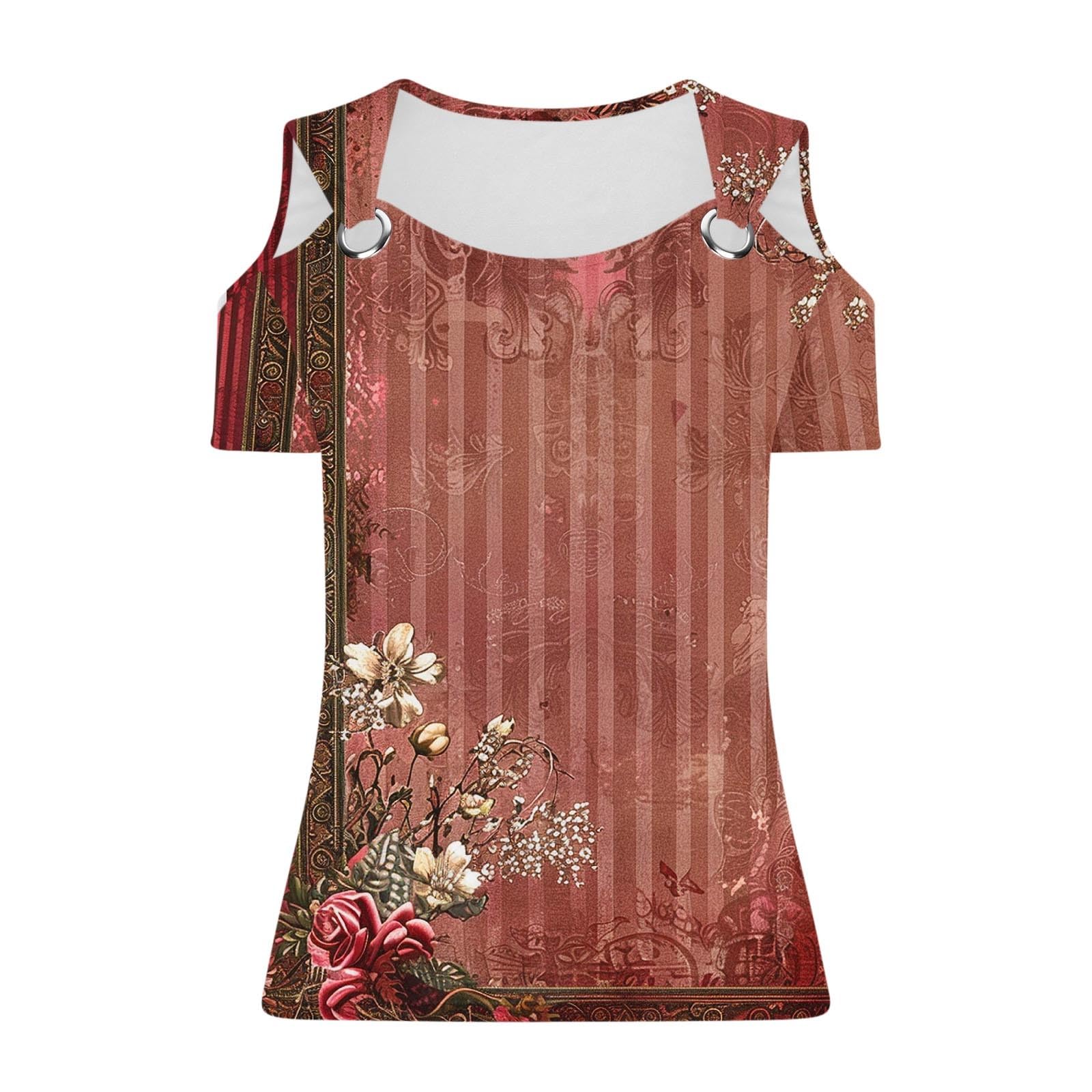 Plus Size Women's Floral Cold Shoulder Blouse - Casual Short Sleeve Tunic Top for Summer | Trendy Sexy Flowy Shirt for Beach, Vacation & Date Nights