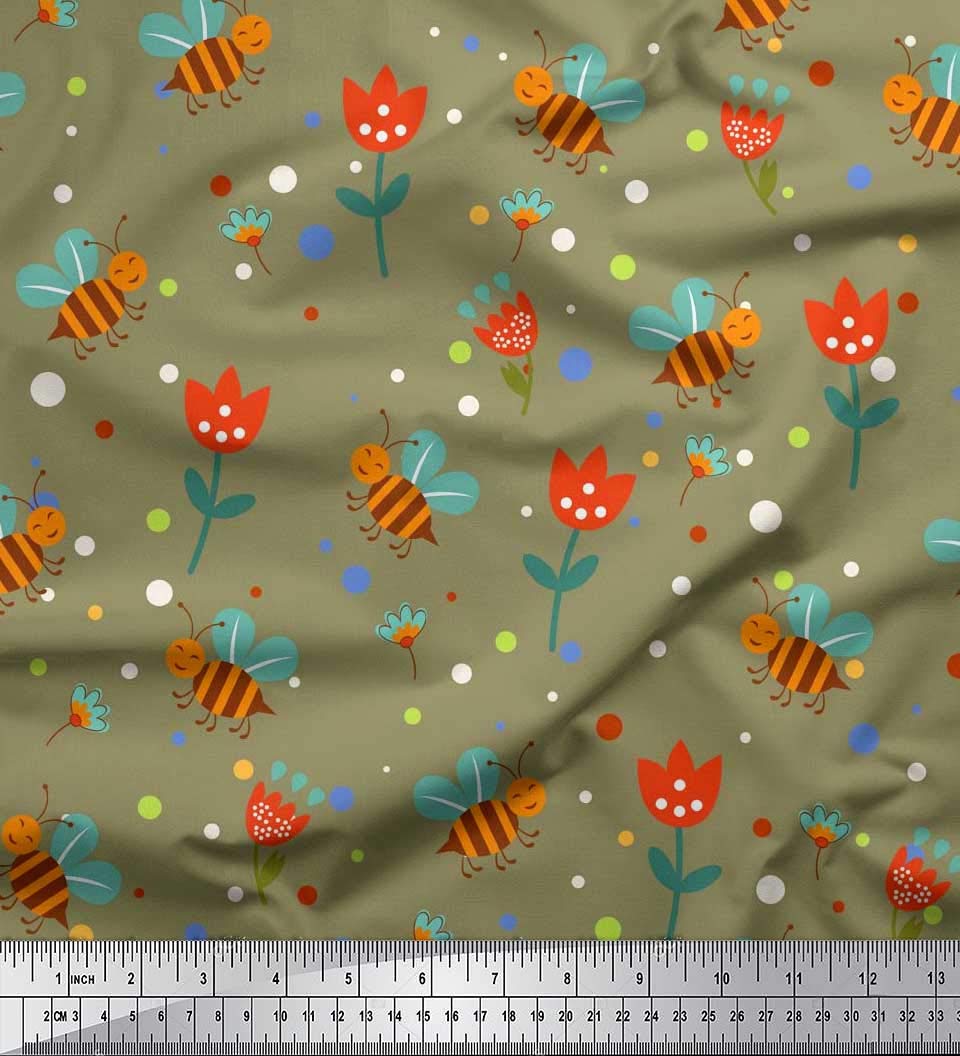 Soimoi Japanese Crepe Fabric - Green Floral Honey Bee Print for DIY & Sewing
