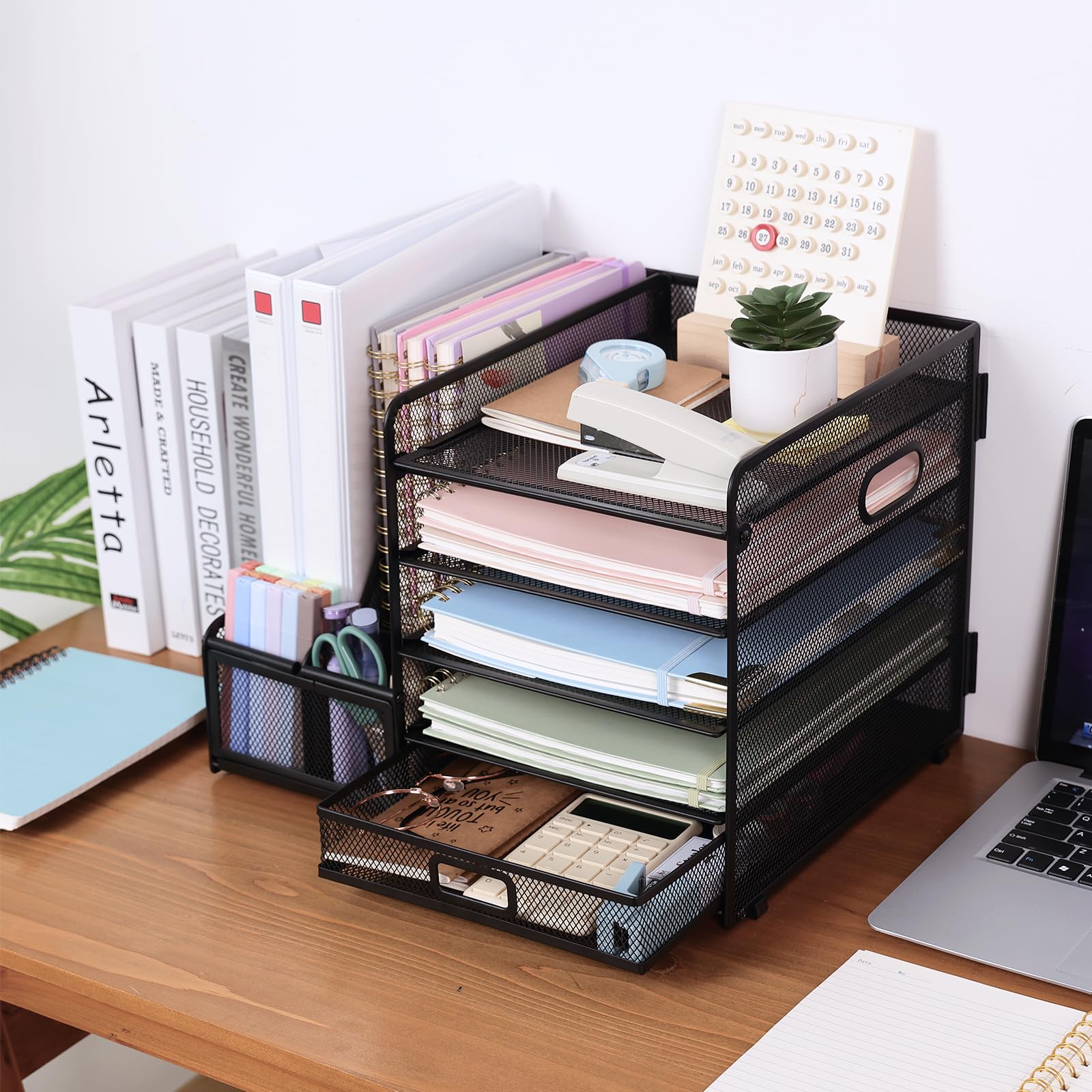 EOOUT 5-Tier Desk File Organizer with Magazine Holder & Drawer - Black Office Desk Accessories Set for Paper, Files, and Supplies - Perfect for Home Office, Workspace, and School Organization